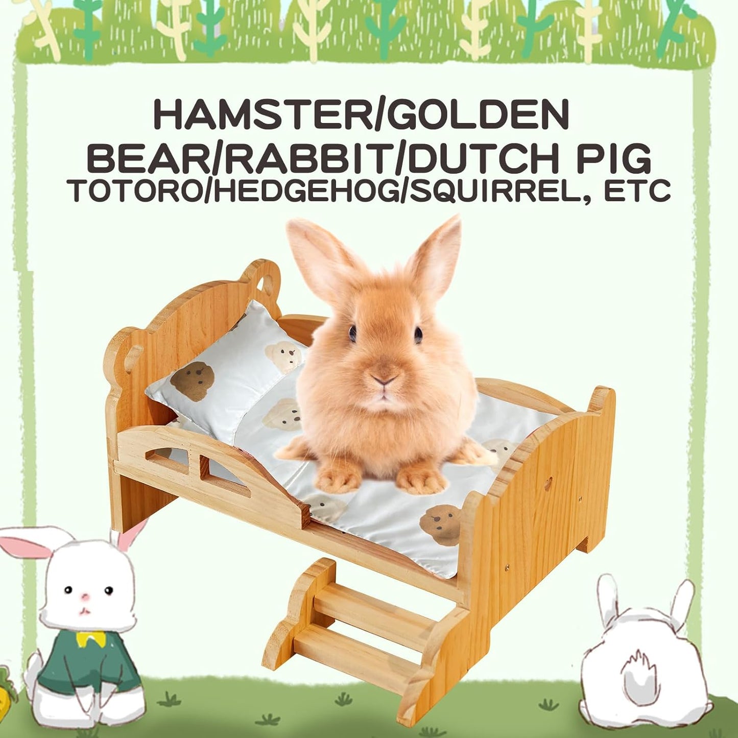 Solid Wood Rabbit Bed with Mini Staircase, Natural Wood Small Animal Bed for Rabbits, Hamsters, Hedgehogs - Low Bed Frame with Rounded Edges for Safe Climbing, Prevents Falls & Comfort Rest