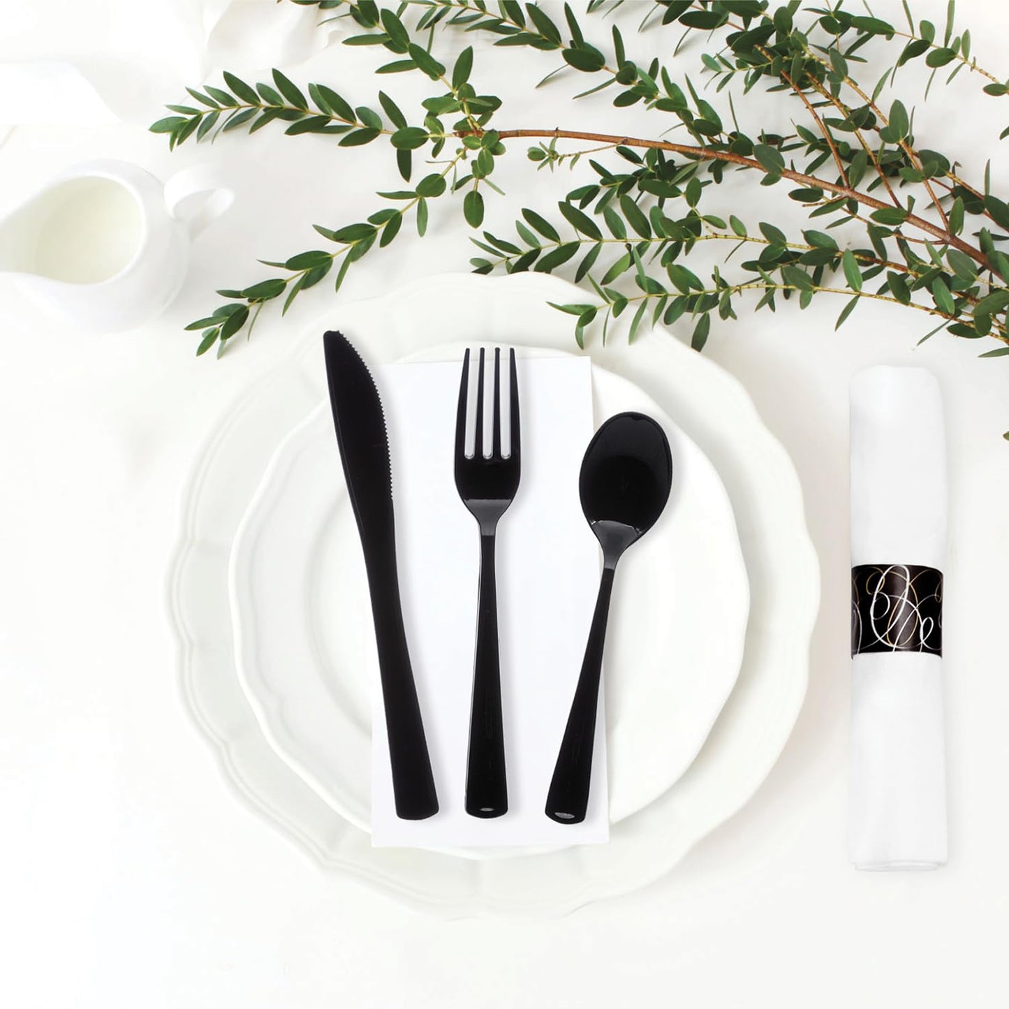 Party Essentials Pre-Rolled Disposable Extra Heavy Duty Plastic Cutlery Kit with Black Fork/Knife/Spoon and 3-Ply White Napkin (Case of 100 rolls)