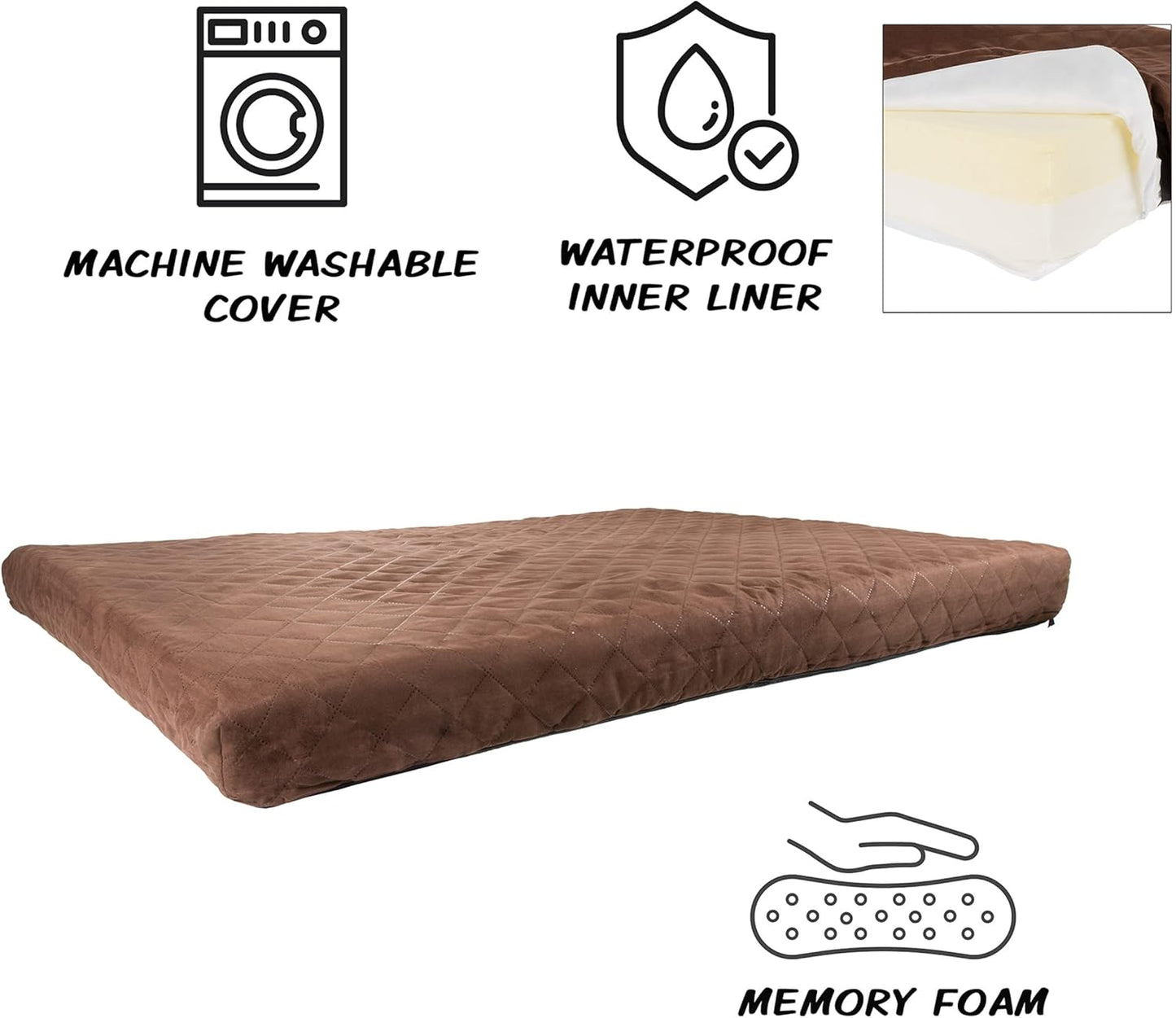 Waterproof Dog Bed - 2-Layer Memory Foam Pet Pad with Removable Machine Wash Cover - 44x35 Crate Mat for Dogs and Puppies by PETMAKER (Brown)
