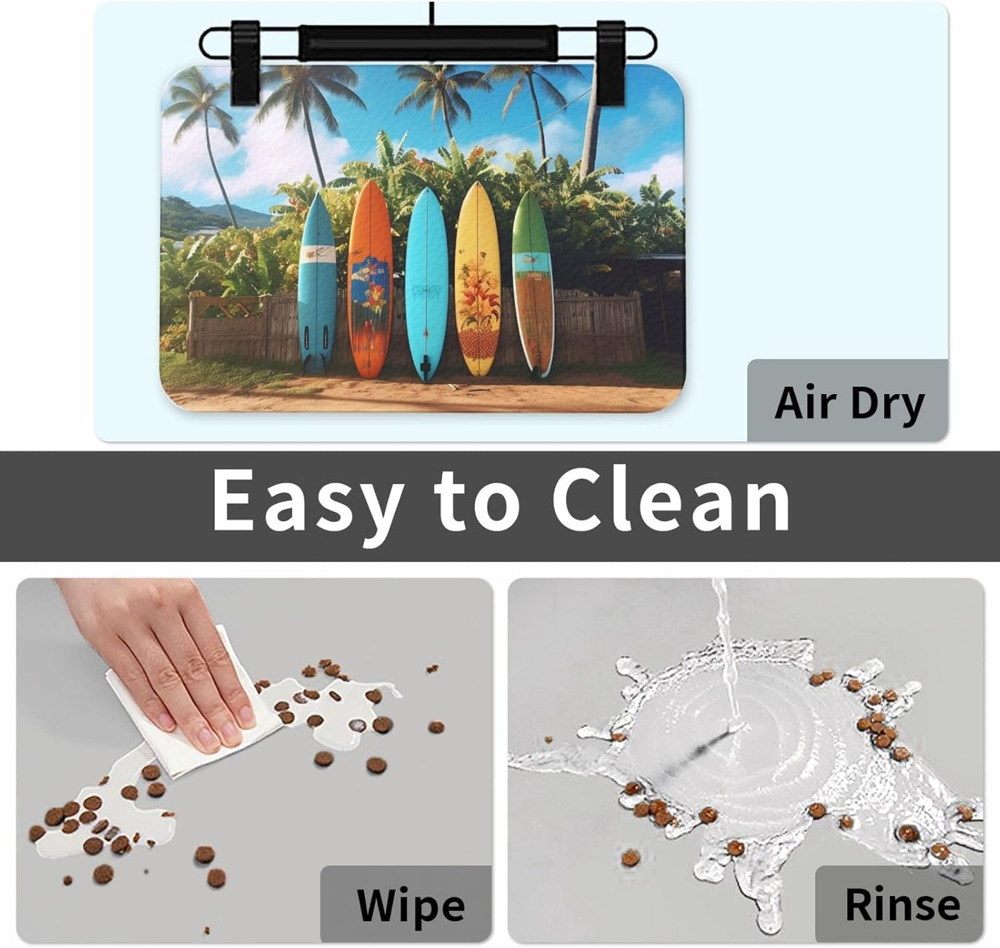 Pet Feeding Mat Leather Dog Food Mat Waterproof Pet Tablecloth Surf's up Surfboard Pet Placemat for Dogs Absorbent Dog Bowl Mat Anti-Slip Dogs Mats for Food and Water