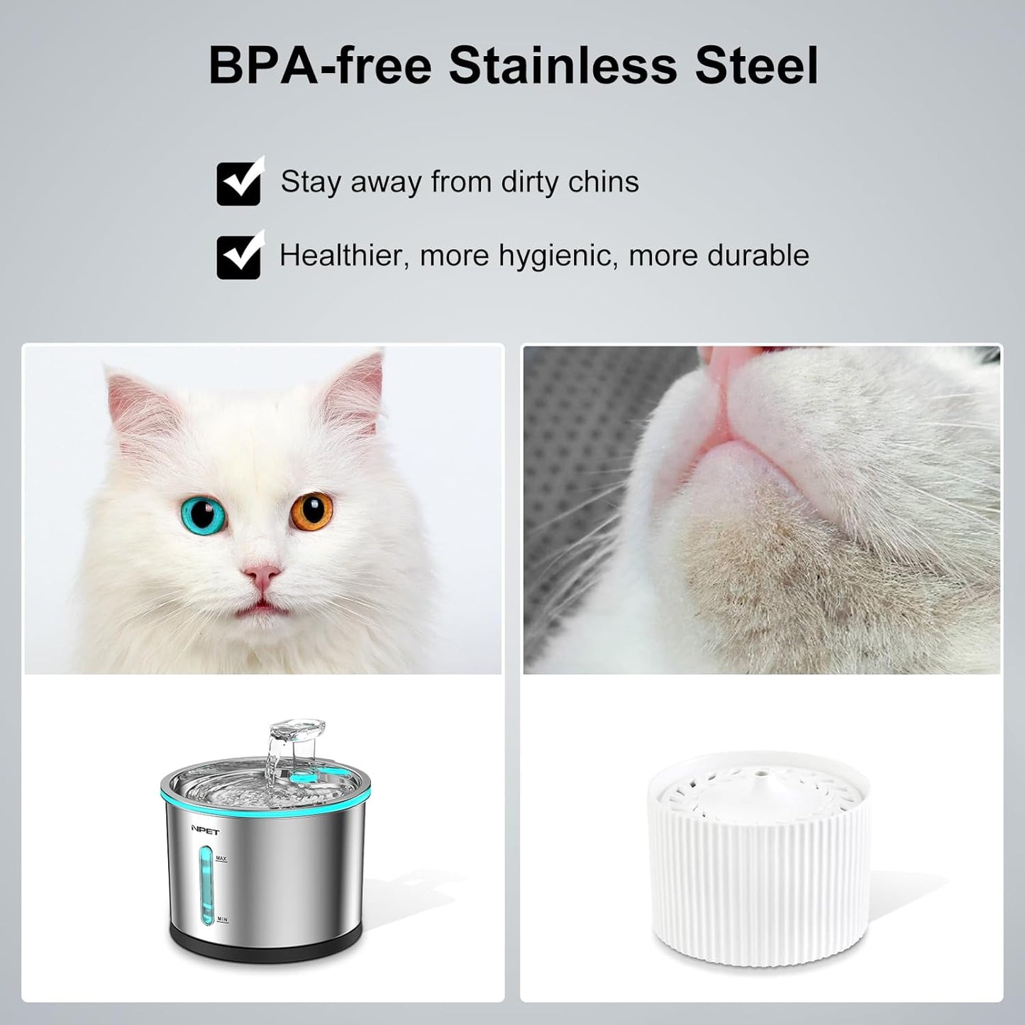 NPET WF210 Cat Water Fountain Stainless Steel, 50oz/1.5L Dishwasher-Safe Pet Water Fountain Ultra Quiet Automatic Cat Water Dispenser with Light for Cats Inside (4 Filters+Fountain(with Adapter))