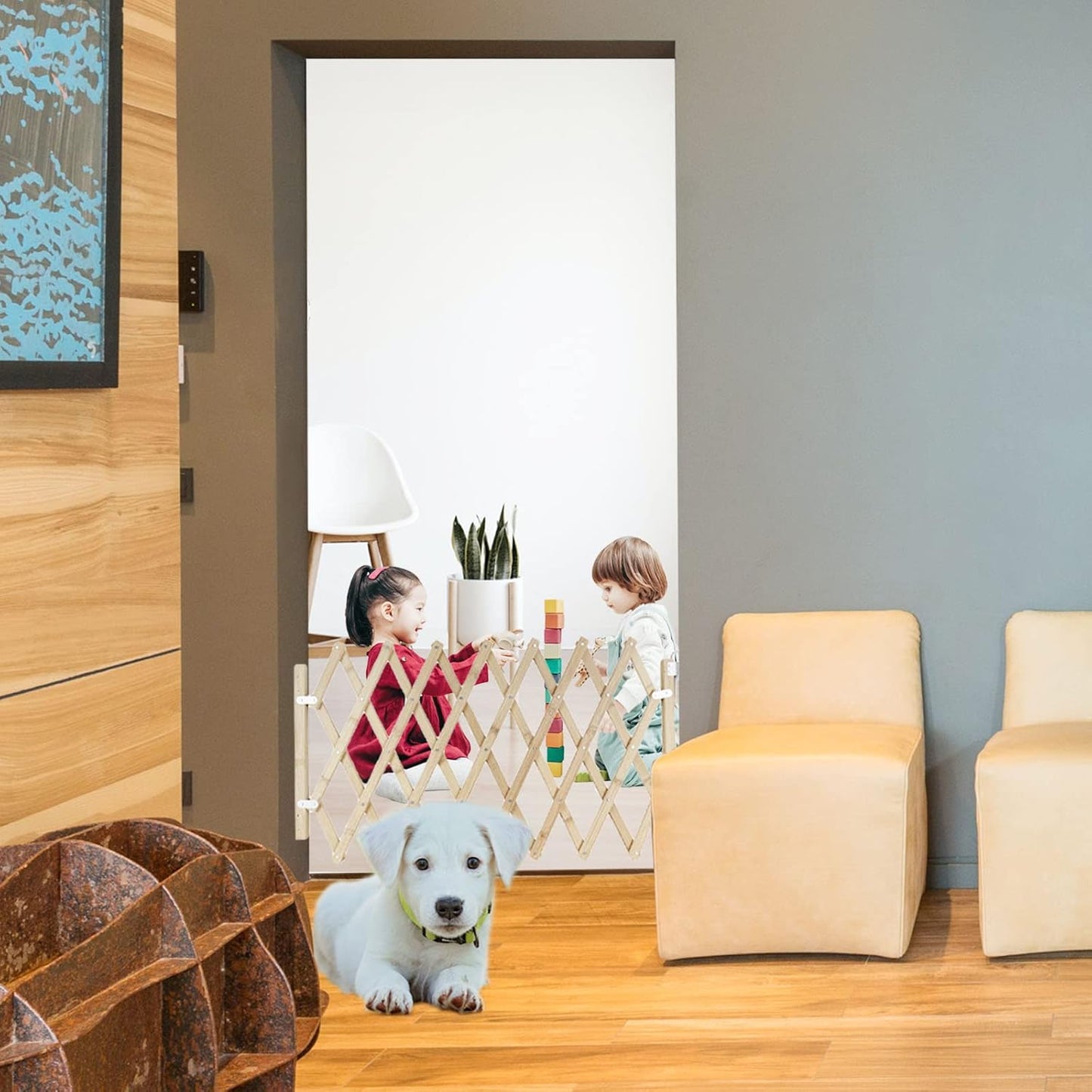 Wooden Dog Gate,Retractable Pet Fence Garden Lawn Portable Pet Safety Patio Garden Door Expandable Safety Protection for Small Puppy Medium Dogs Pets Doorway Stairs (S Size(Extended):32" x 18")