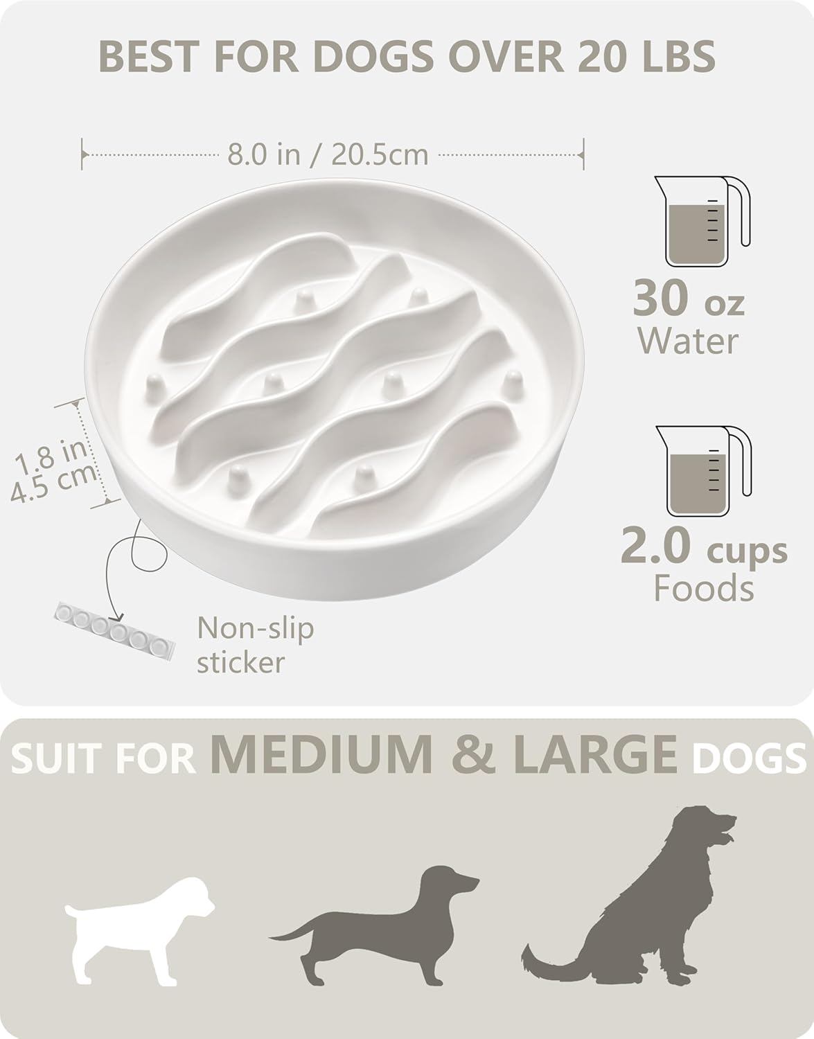 Ceramic Slow Feeder Dog Bowls for Medium and Large Dogs, 2.0 Cups Dog Slow Feeder for Fast Eater, 30oz, 8in, White