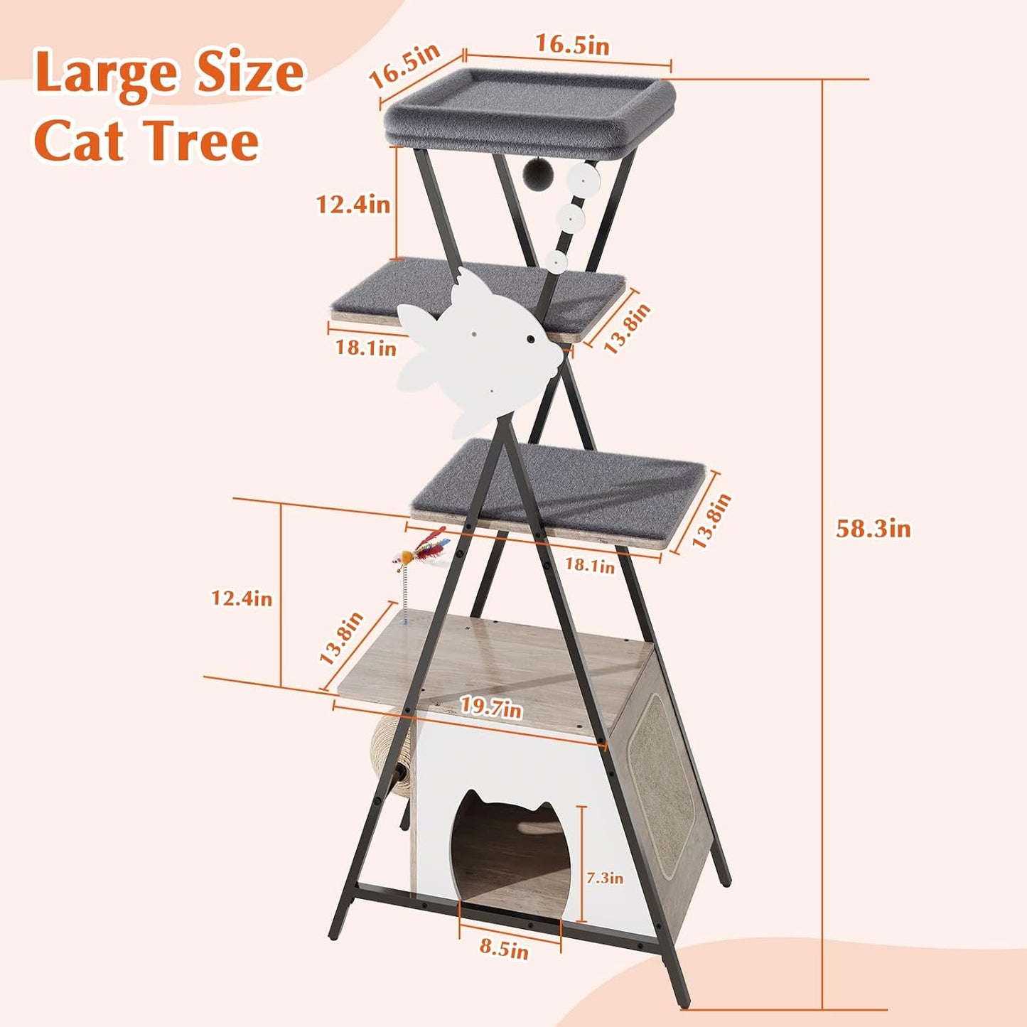 HavenlyYouth Modern Cat Tree for Indoor Cats, Tall Cat Tower with Condo, Multi-Level Cat Tree with Cave, Scratching Board,Removable Pads for Cats, X Style, Light Gray