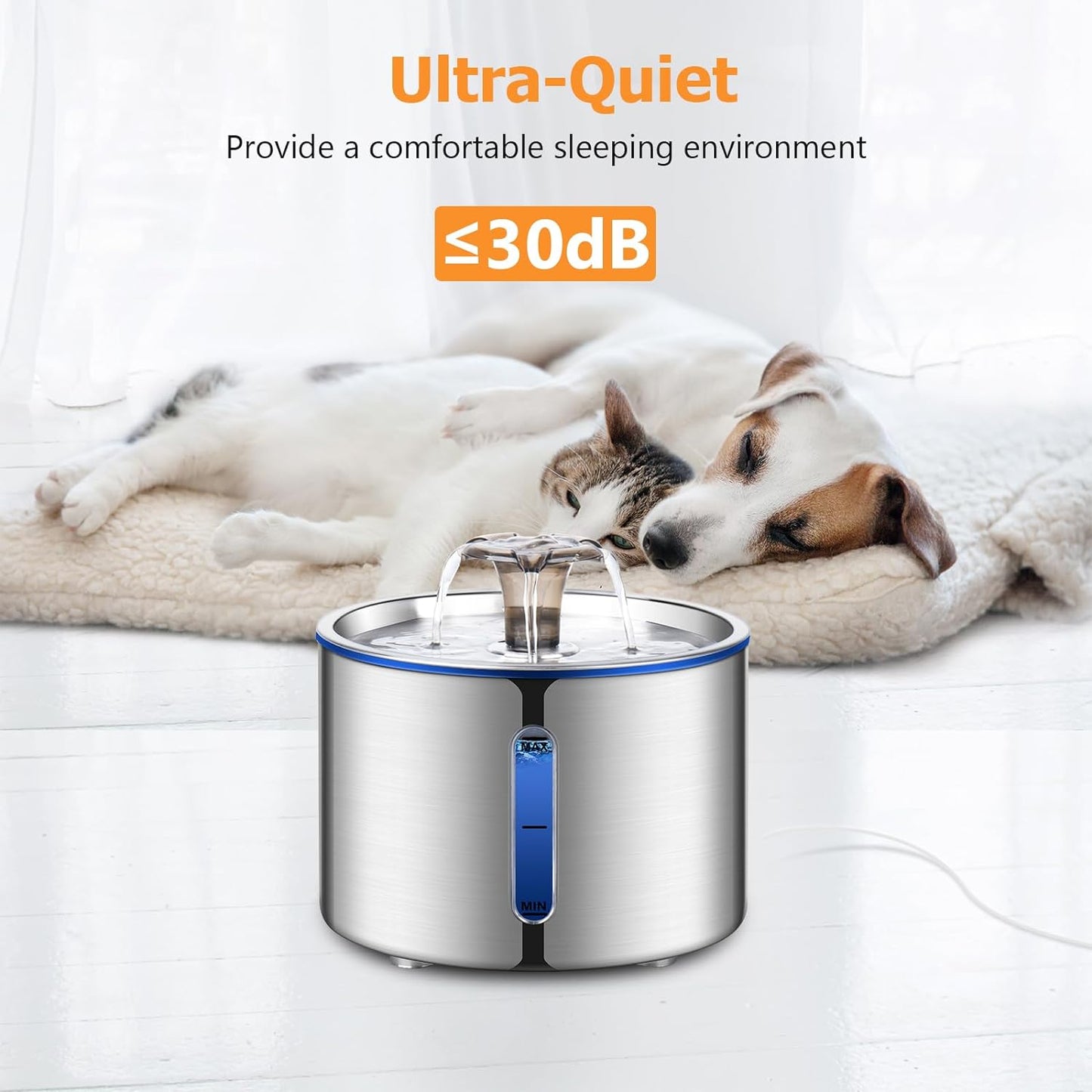 Cat Water Fountain, 84oz/2.5L Stainless Steel Pet Water Fountain for Cats, Dogs and Multiple Pets, Automatic Dog Water Dispenser with Water Level Window, Ultra-Quiet Pump