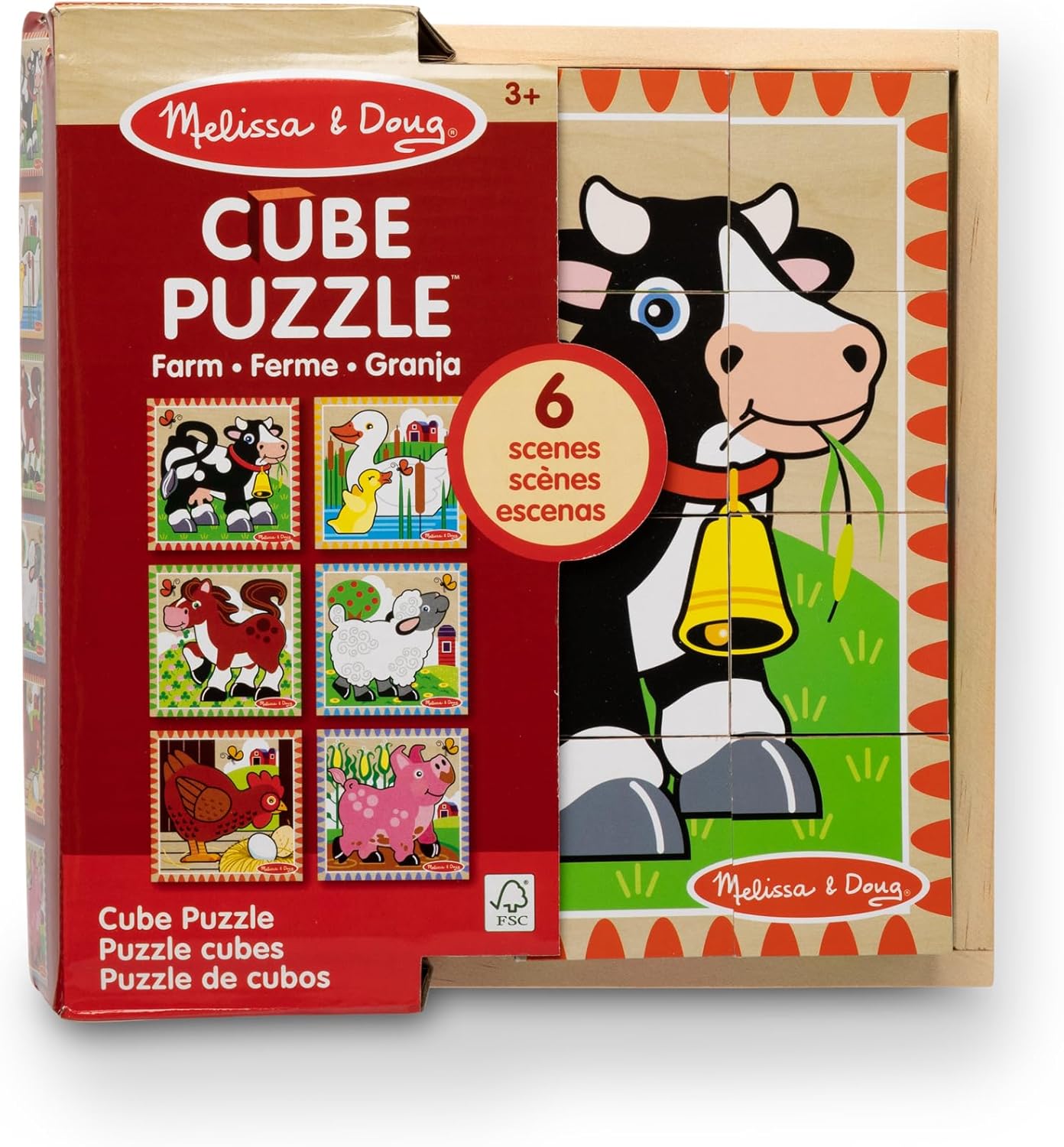 Melissa & Doug Farm Wooden Cube Puzzle with Storage Tray – 6-in-1 Animal Puzzle for Toddlers and Preschoolers – 16 Wooden Cubes – Farm Toy for Kids Ages 3+ - FSC Certified