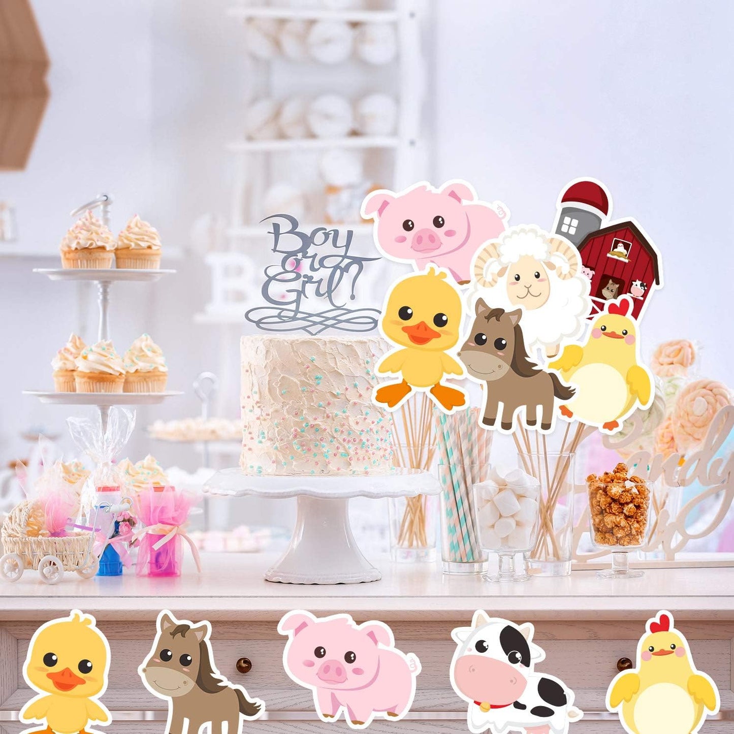 Blulu 35 Pcs Farm Animals Decor Farm Animal Cutouts for Baby Shower, Bulletin Board, Classroom Decor, Kindergarten, Birthday, Party Essentials with 80 Glue Point Dots