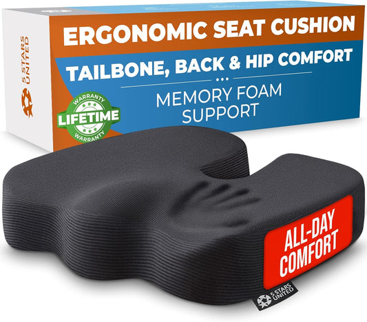Seat Cushion for Office Chairs - Tailbone, Coccyx Pain Relief - Butt, Pressure & Sciatica Relief - Gaming, Wheelchair, Car & Desk Pillow, Black