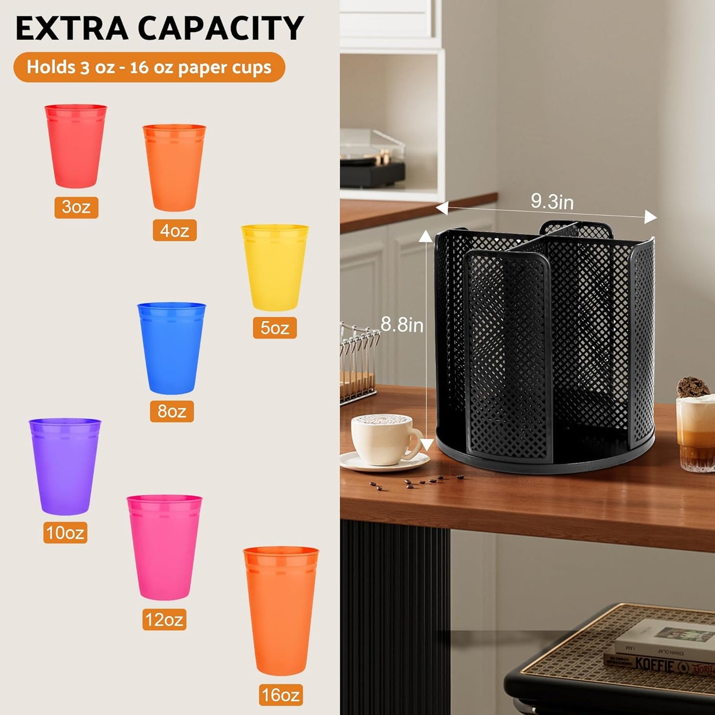 Rotating Paper Cup Dispenser, Cup Holder with 4 Compartments, Disposable Coffee Cup Dispenser Removable, Plastic Cup Storage & Lid Holder for Countertops, Kitchen, Coffee Stations (Black)
