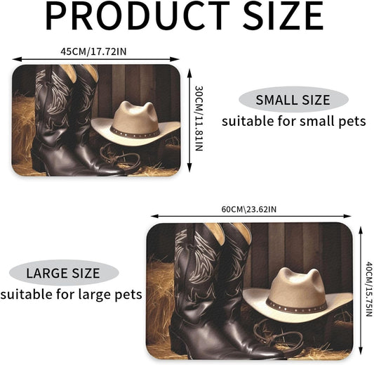 Pet Feeding Mat Leather Dog Food Mat Waterproof Pet Tablecloth Cowboy Black Hat Western Boots Pet Placemat for Dogs Absorbent Dog Bowl Mat Anti-Slip Dogs Mats for Food and Water