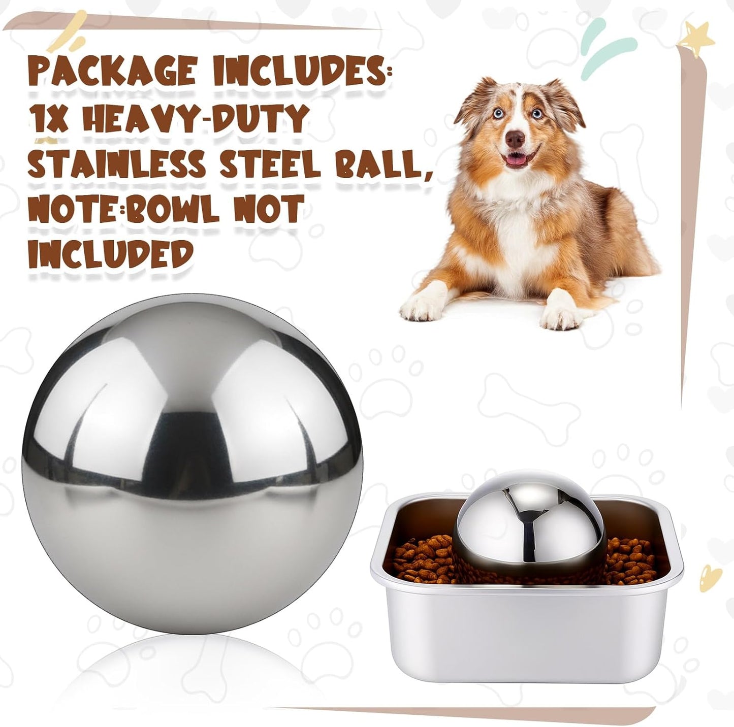 Soulchen Dog Food Slow Feeder Ball Heavy Stainless Steel 3.54 Inches/ 9 cm Large Size, Slows Fast Eating to Prevent Choking, Bloating & Obesity Pet Slow Feeding Toy Healthy Feeding for All Dogs