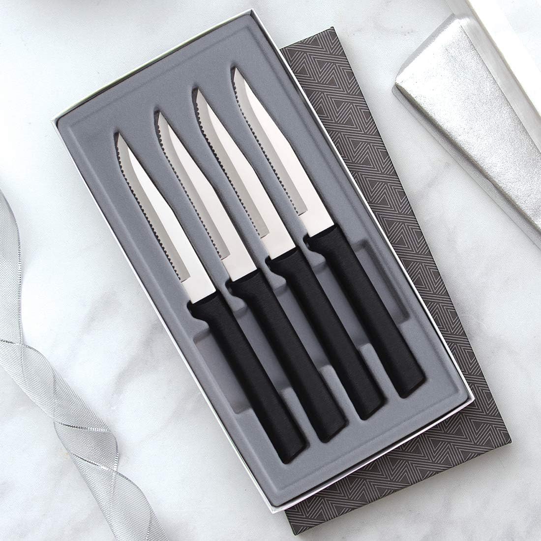 Rada Cutlery Four Serrated Steak Knives Gift Set (G24S), 4-Piece Knife Set, Stainless Steel Blades, Black Handle