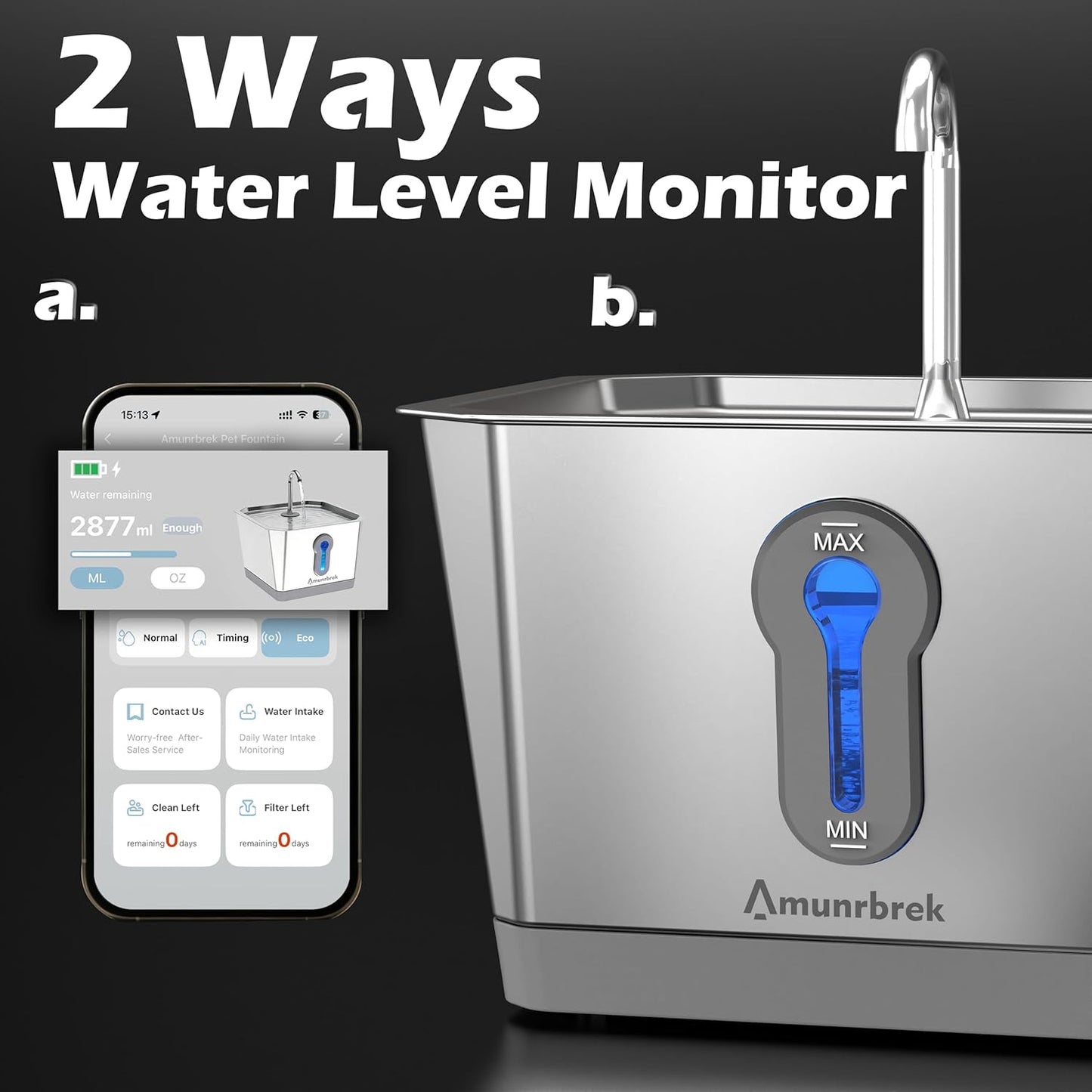 Wireless Cat Water Fountain, 3.5L Stainless Steel, Smart App & Motion Sensor Control, Battery Operated, Silent Pump, Low Water Alert & Drinking Tracking