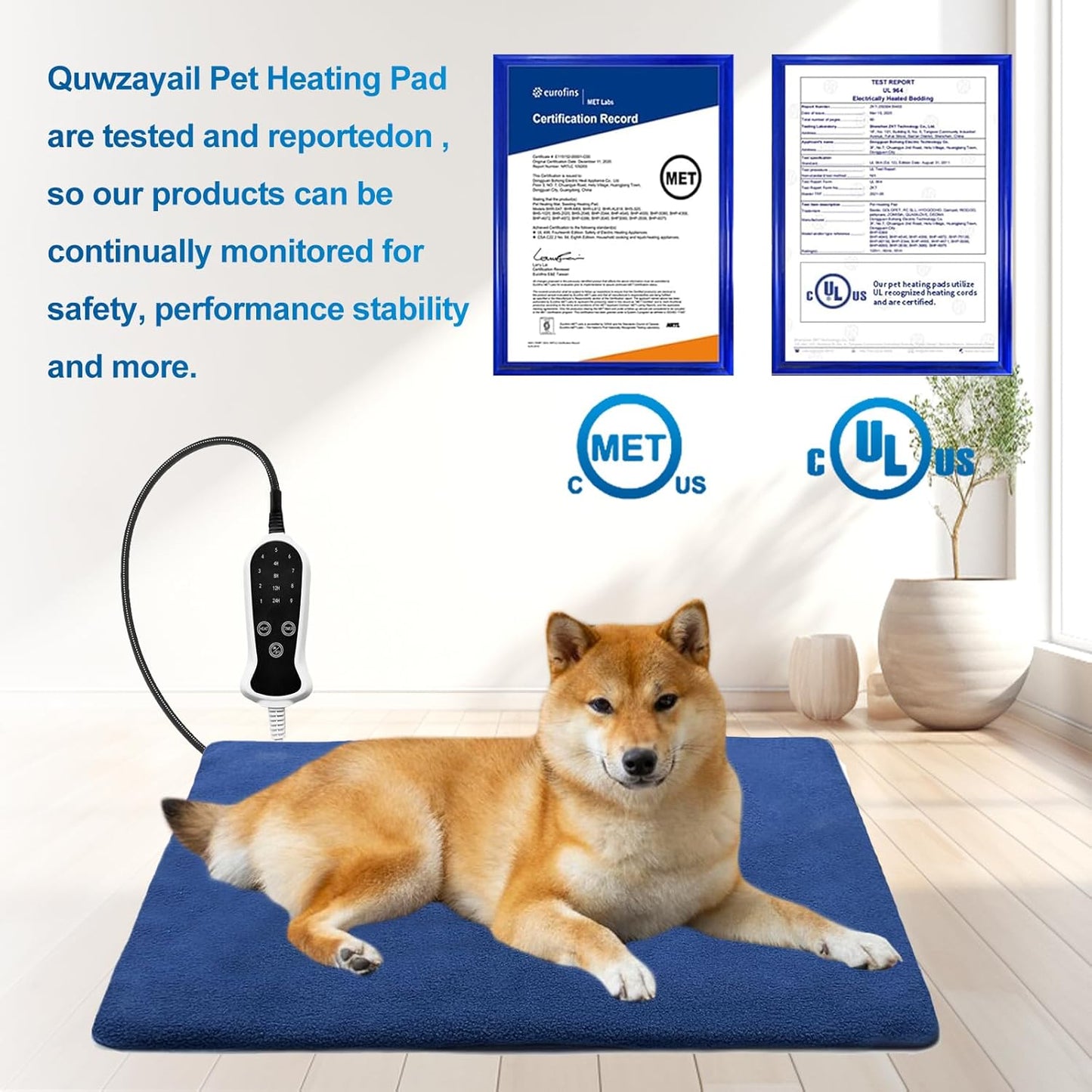 Pet Heating Pad Waterproof for Dogs Cat , 9 gears and time Settings and Metal Protective Tube, Adding Wire Rope Warming ,comes with soft fabric cover.(18.0"Lx 18.0"W x 0.5"Th, Blue Pattern)