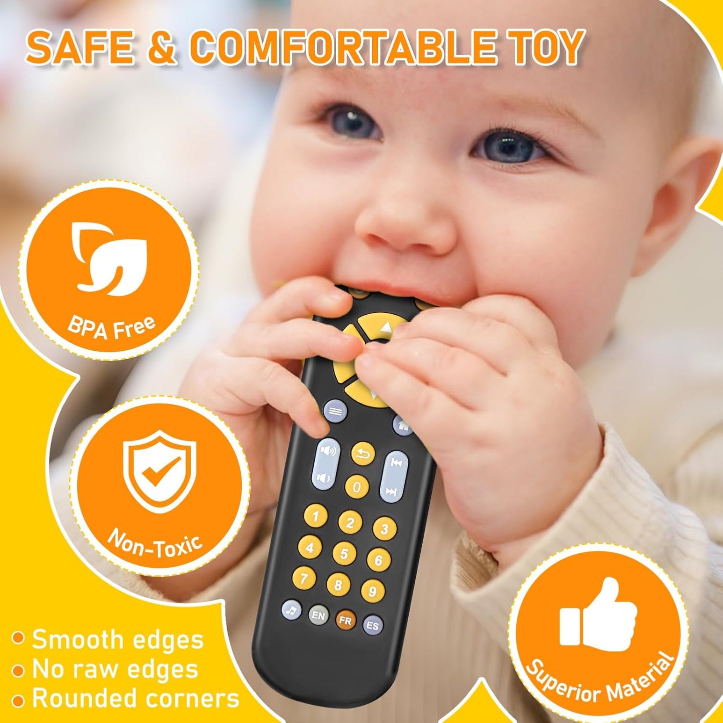Baby TV Remote Control Toy 6 Month+, Toddler Realistic Remote Toy with Sound and Light, Early Educational Music Toys with 3 Languages English French Spanish for Infant Boys Girls 6 12 18 months