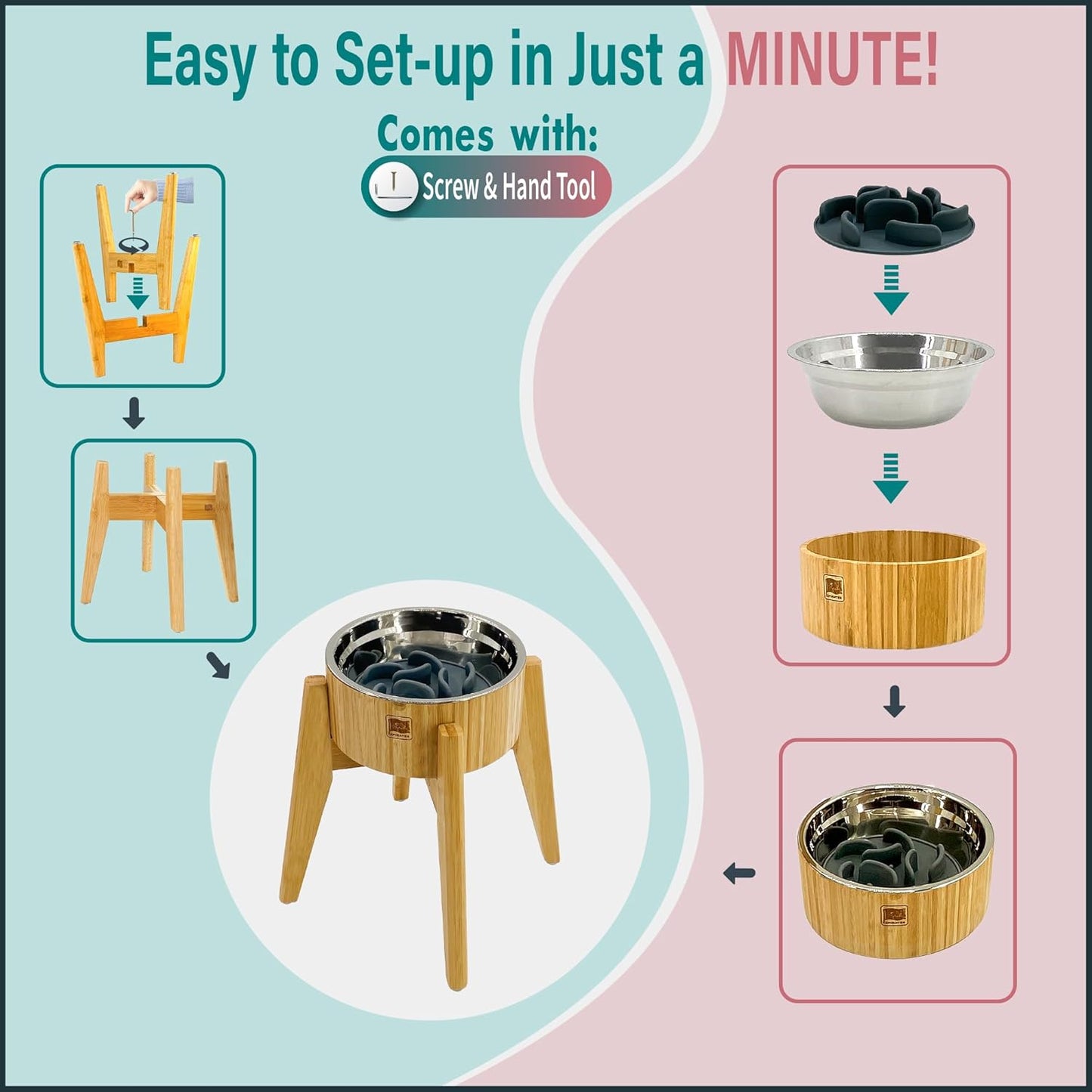 Elevated Dog Bowl with Slow Feeder Insert - (12-inch High) Ideal for Large Dogs - Suitable for Wet or Dry Dog Foods, Stainless Steel and Bamboo
