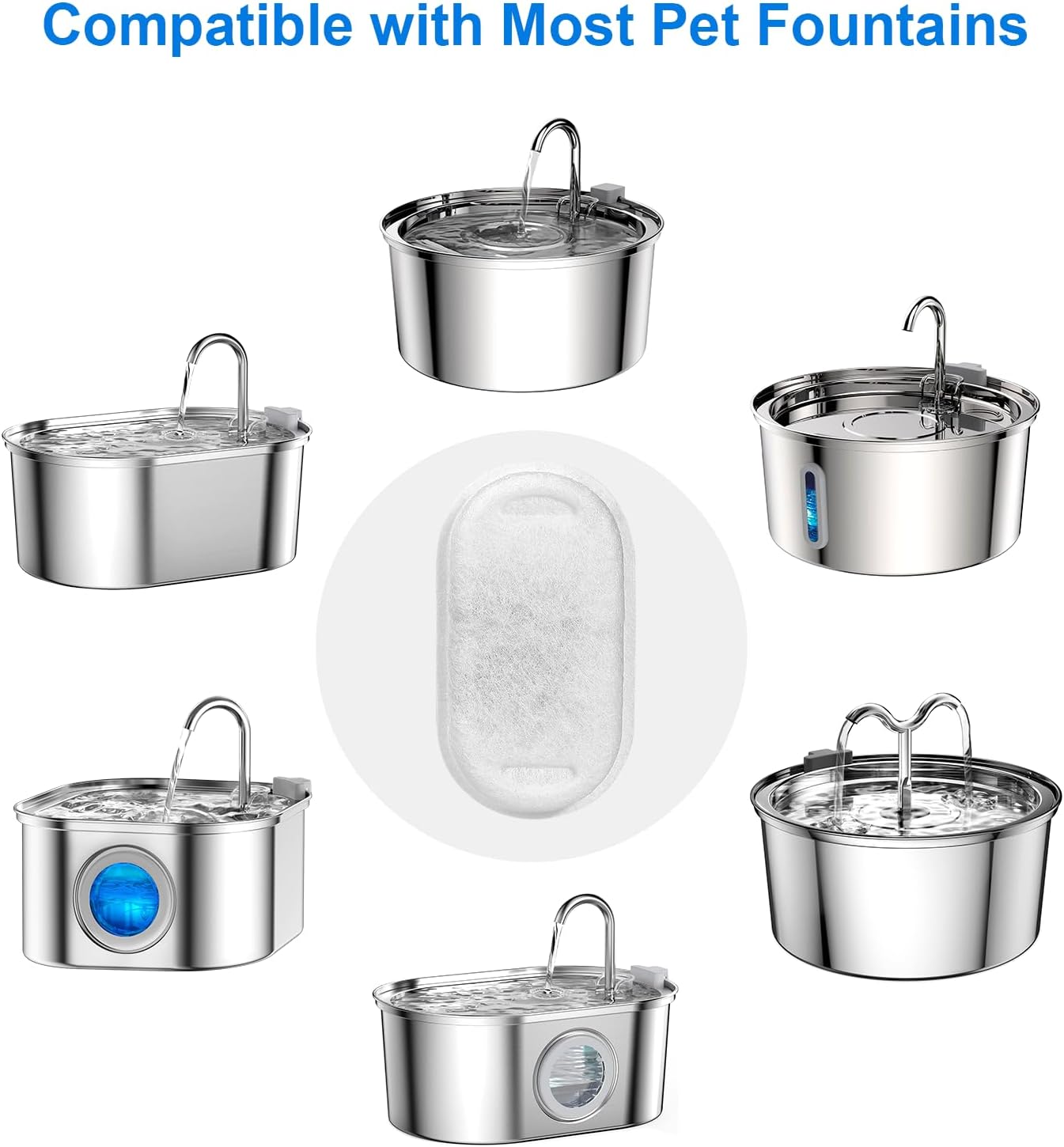 Cat Water Fountain Filters, 8 Pack Cat Fountain Filter Replacement with 8 Sponges for 3.2L/108oz Pet Water Fountain Stainless Steel