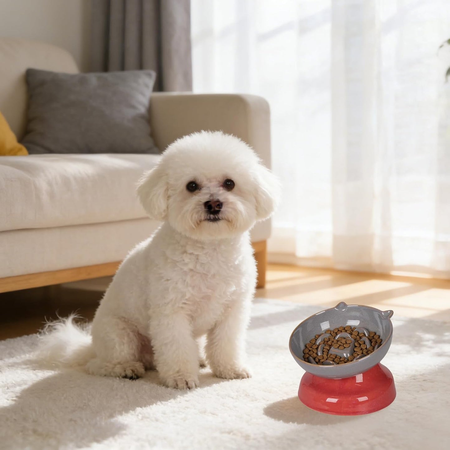 Ceramic Slow Feeder Dog Bowl, Elevated Maze Food Dish with Heavy Base, Anti Choking & Reduce Bloating, Raised Feeding Bowl for Small Medium Dogs (Grey)