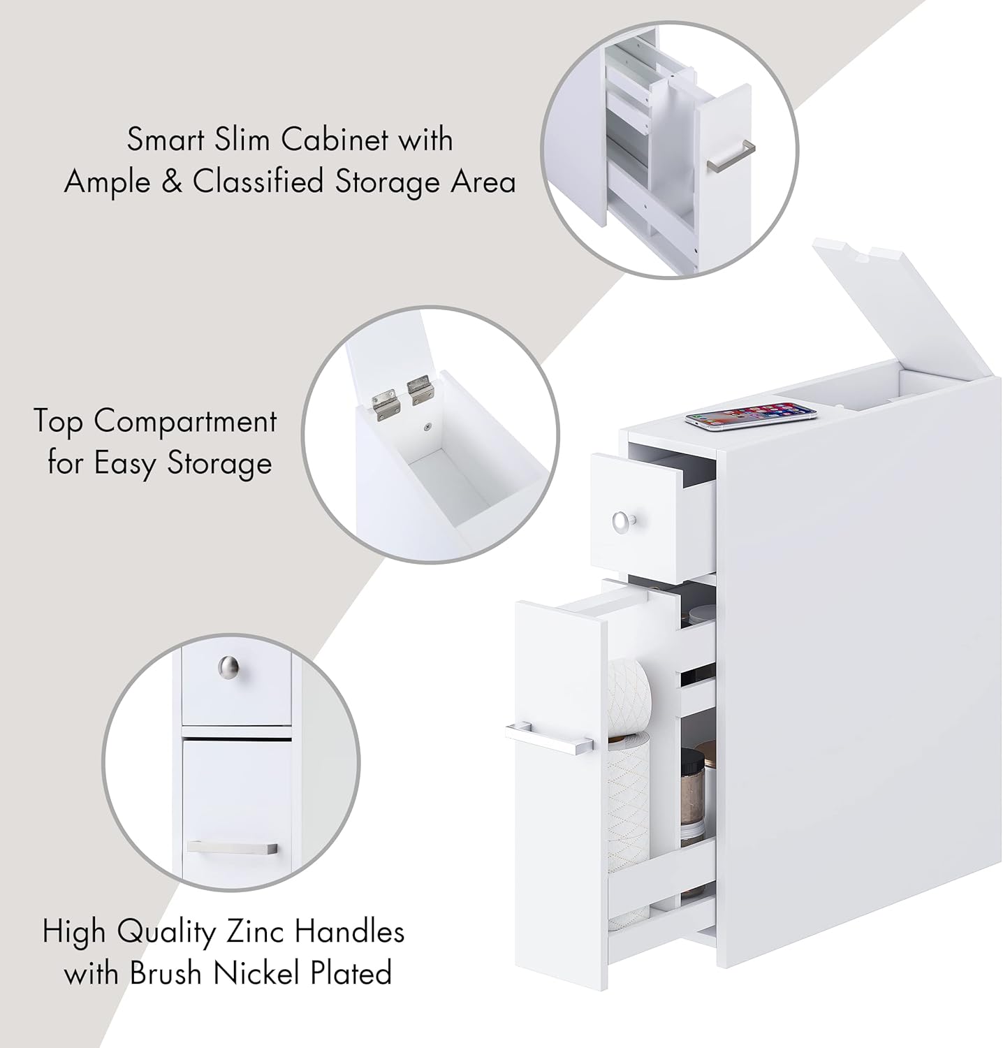Spirich Slim Bathroom Storage Cabinet, Free Standing Toilet Paper Holder, Bathroom Cabinet Slide Out Drawer Storage, White