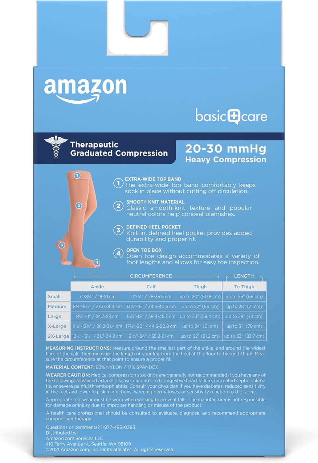 Amazon Basic Care Medical Compression Stockings, 20-30 mmHg Support, Women & Men Thigh Length Hose, Open Toe, Beige, Medium (Previously NuVein)