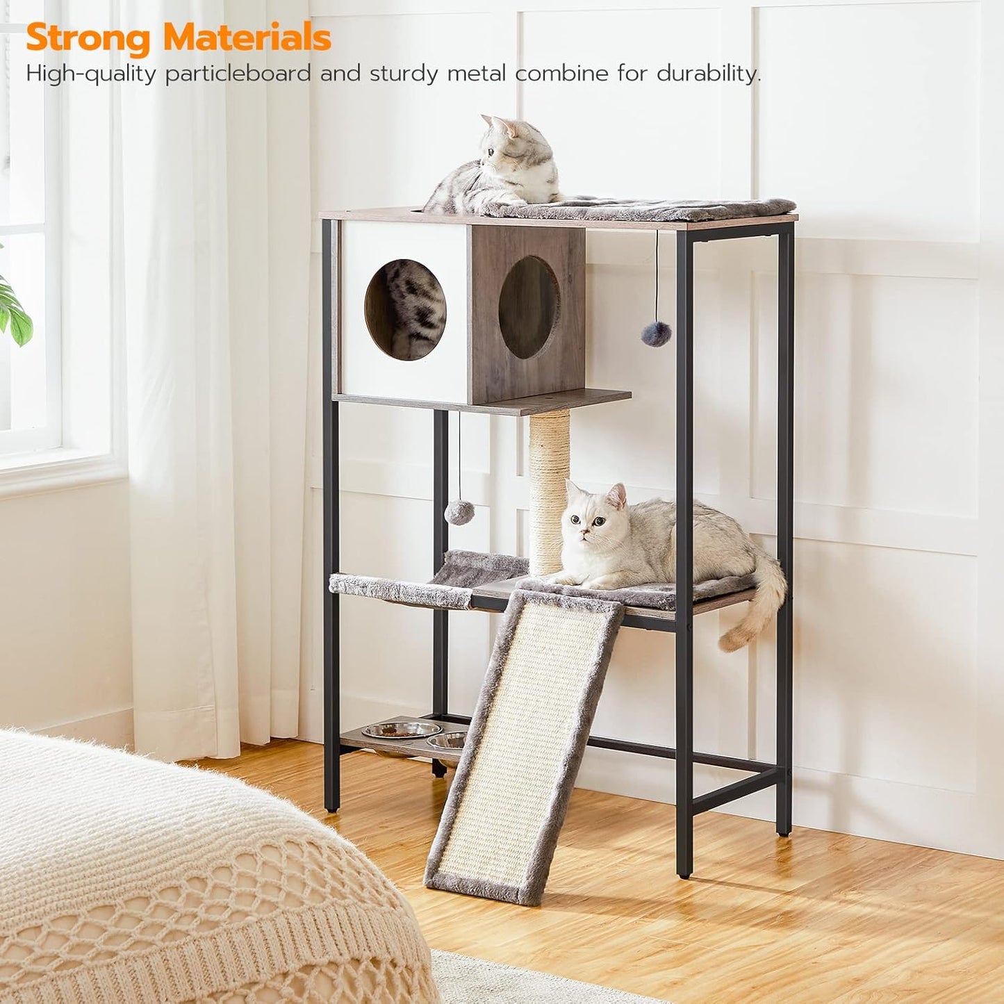 HOOBRO Wooden Cat Tree, Versatile Cat Tower with Scratching Post, Cat Hammock and Food Bowls, 4-Tier Pet House for Indoor Cats, Multi-Cat Families, Greige BG34MZ03