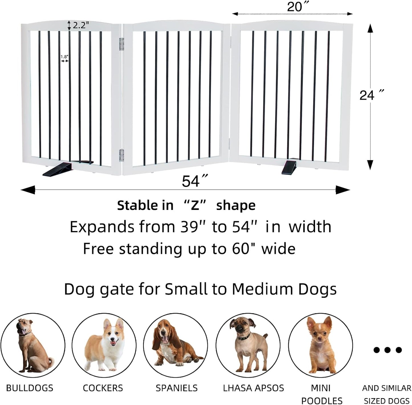 Freestanding Panel Dog Gate for Indoor, Doorways,Stairs, or Hallways,Foldable Wooden Dog Fence for House,Pet Gate for Dogs, Puppy Gate,Support Feet Included,24 "Height-3 Panels,White