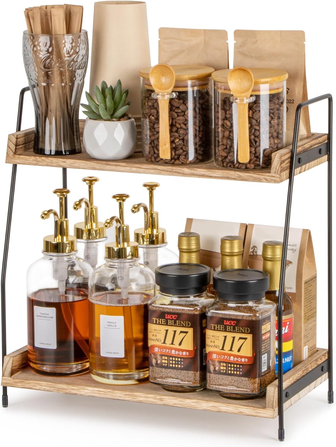 Countertop Coffee Station Organizer, 2 Tier Wooden Shelf for Coffee Bar Accessories, Condiment Storage Caddy for Kitchen, Home, Office - Brown