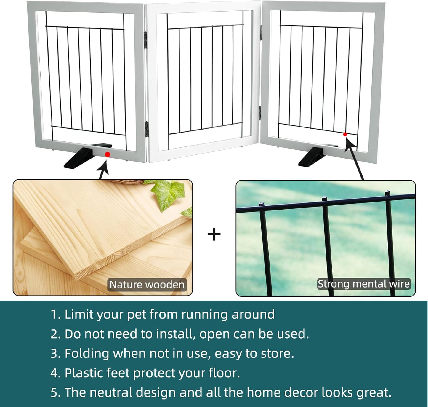 ZJSF Freestanding Dog Gate Indoor, Foldable Dog Fence for Doorways,Hallways or Stairs, Sturdy Wood Extra Wide Pet Gate with Support Feet,White,24 "Height-3 Panels