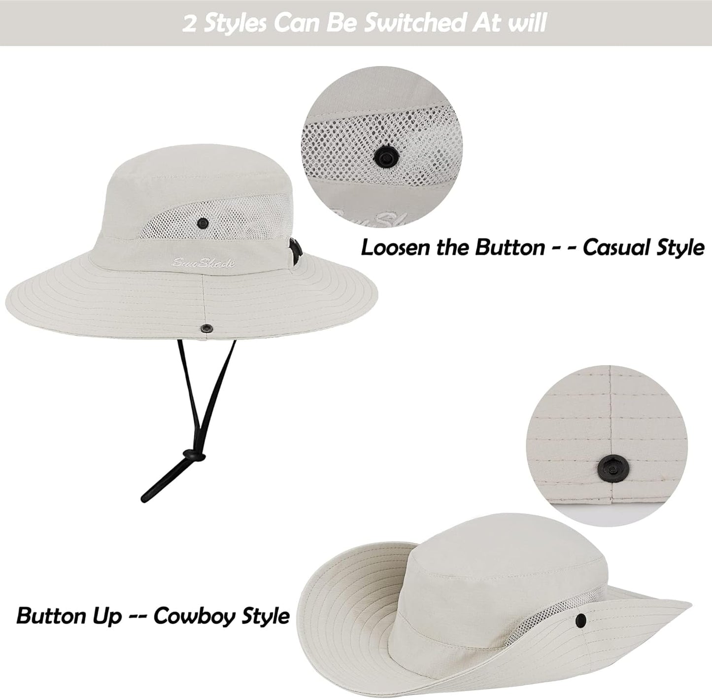 Women's Outdoor UV-Protection-Foldable Sun-Hats Mesh Wide-Brim Beach Fishing Hat with Ponytail-Hole