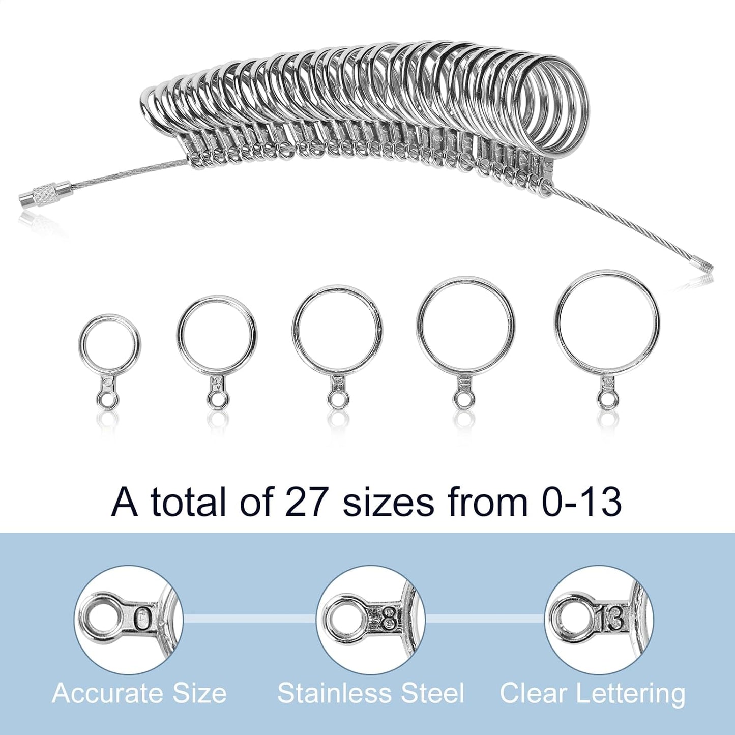 Ring Sizer Measuring Tool Kit, 27 PCS Premium Stainless Steel Measuring Ring Tool, US Ring Size 0-13 with Half Size, 2 PCS Reusable Finger Size 1-17 USA Rings Size with Magnified Glass