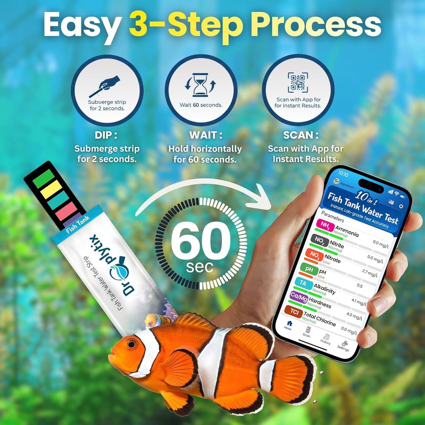 Digital Aquarium Water Test Kit, App-Enabled 10-in-1 Freshwater & Saltwater Aquarium Test Strips for Fish Tanks, Shrimp, Reef Test Strips, pH, Ammonia, Nitrate, Nitrite, GH, KH, Chlorine