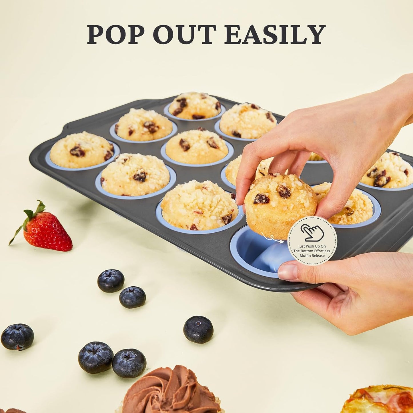 BRONYPRO Silicone Muffin Pans for Baking with Metal Frame, Egg Bite Molds, Cupcake Pans 12 Regular Size, Muffin Tins Easy to Pop Nonstick Non Toxic Bakeware for Oven,Blue