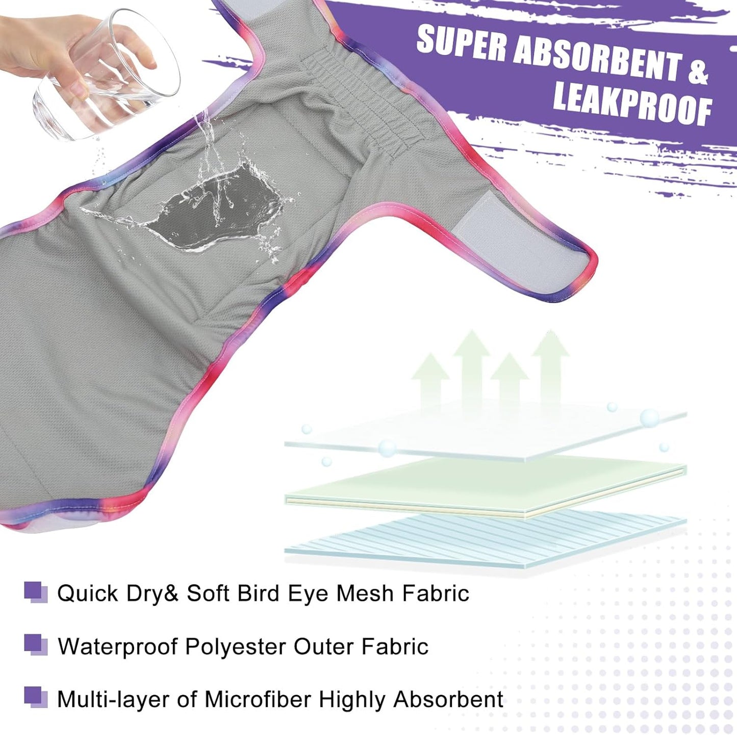Female Dog Diapers Reusable No Tail Hole Period Panties Washable 3 Pack Diapers Female for Docked-Tail Frenchie French Bulldog Boston Terrier Without Tail U-WWD03L