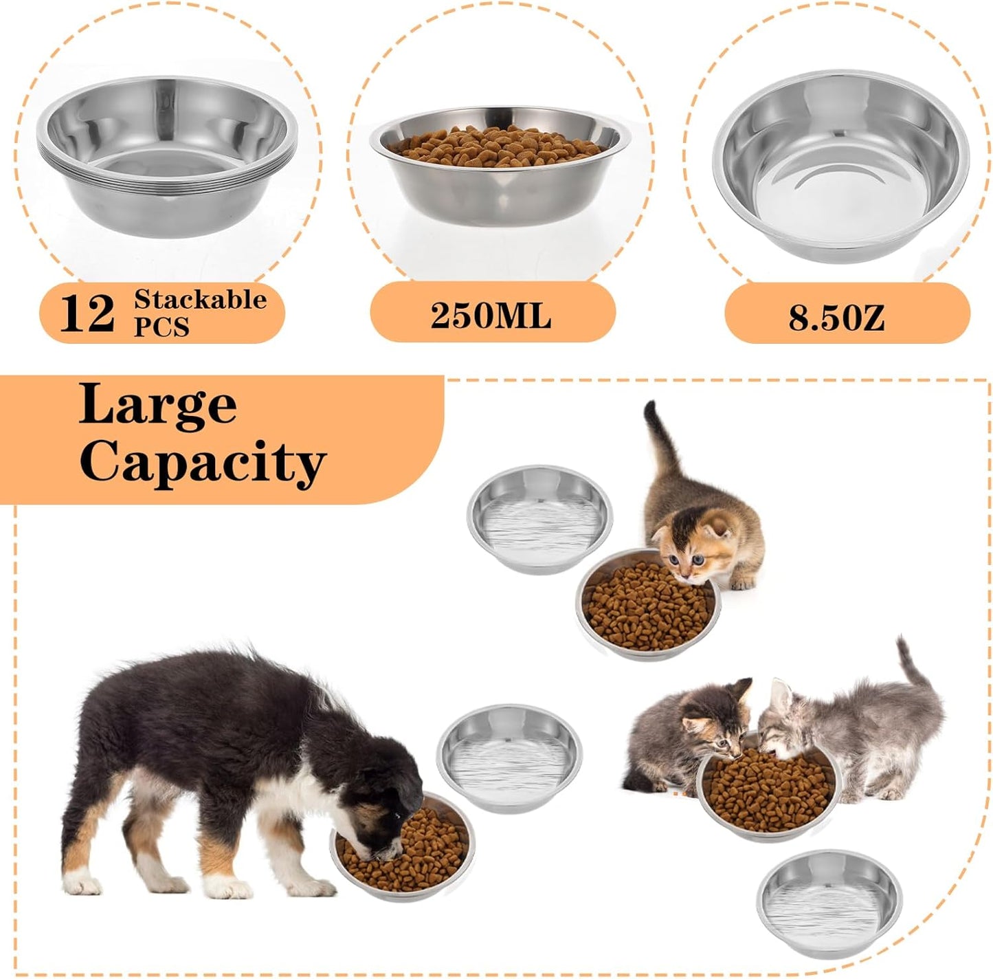 12 PCS Stainless Steel Cat Bowls, 5.5 Inch Metal Cat Bowls, Replacement Elevated Food Water Bowls for Indoor Kitten, Whisker Fatigue Relief Shallow Food Metal Dish for Stray Cats