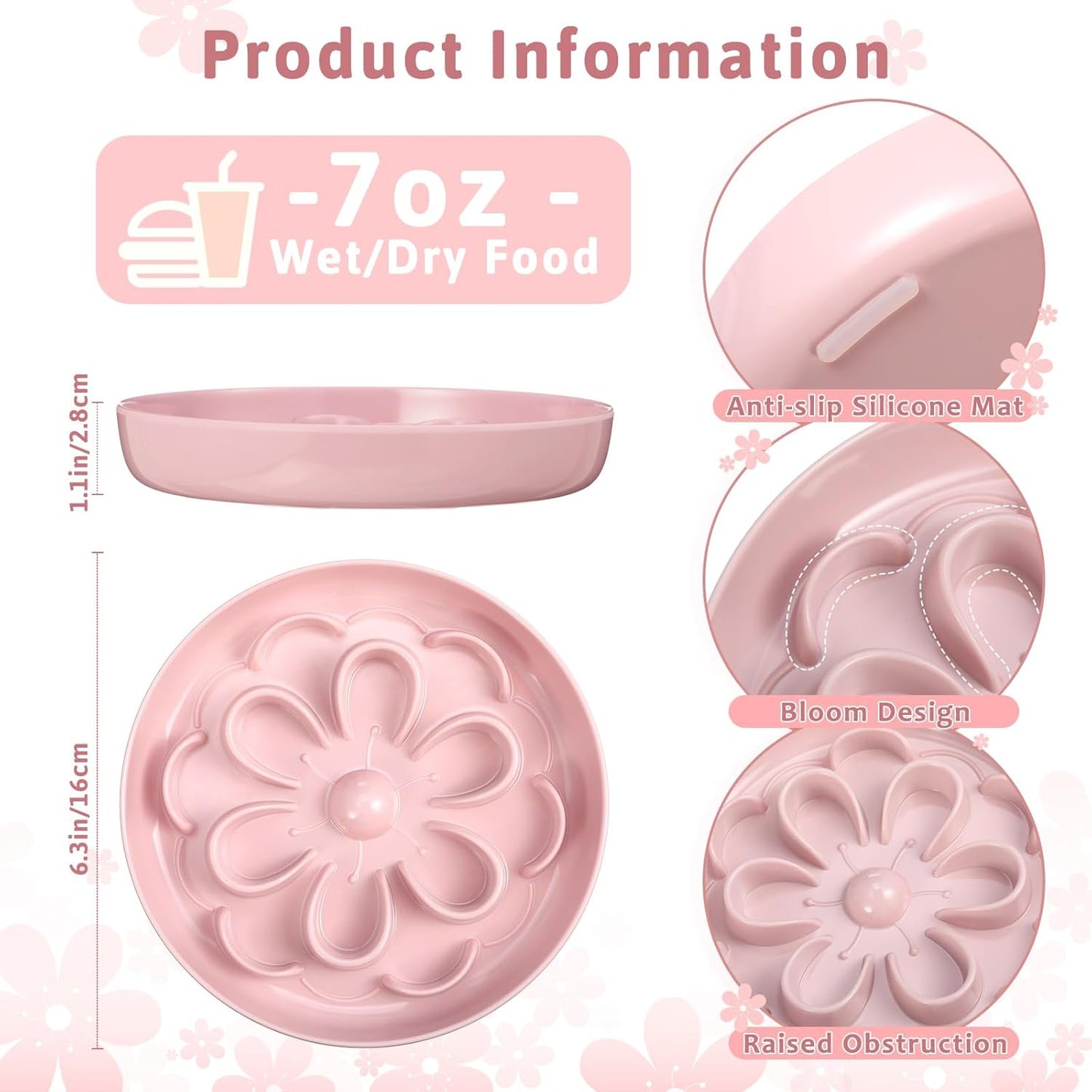 2 Pcs Cat Slow Feeder Bowl Cute Cat Food Bowl with Bloom Design Healthy Eating Diet Interactive Feeder Wet Dish for Pets Small Dogs(Pink, Green)
