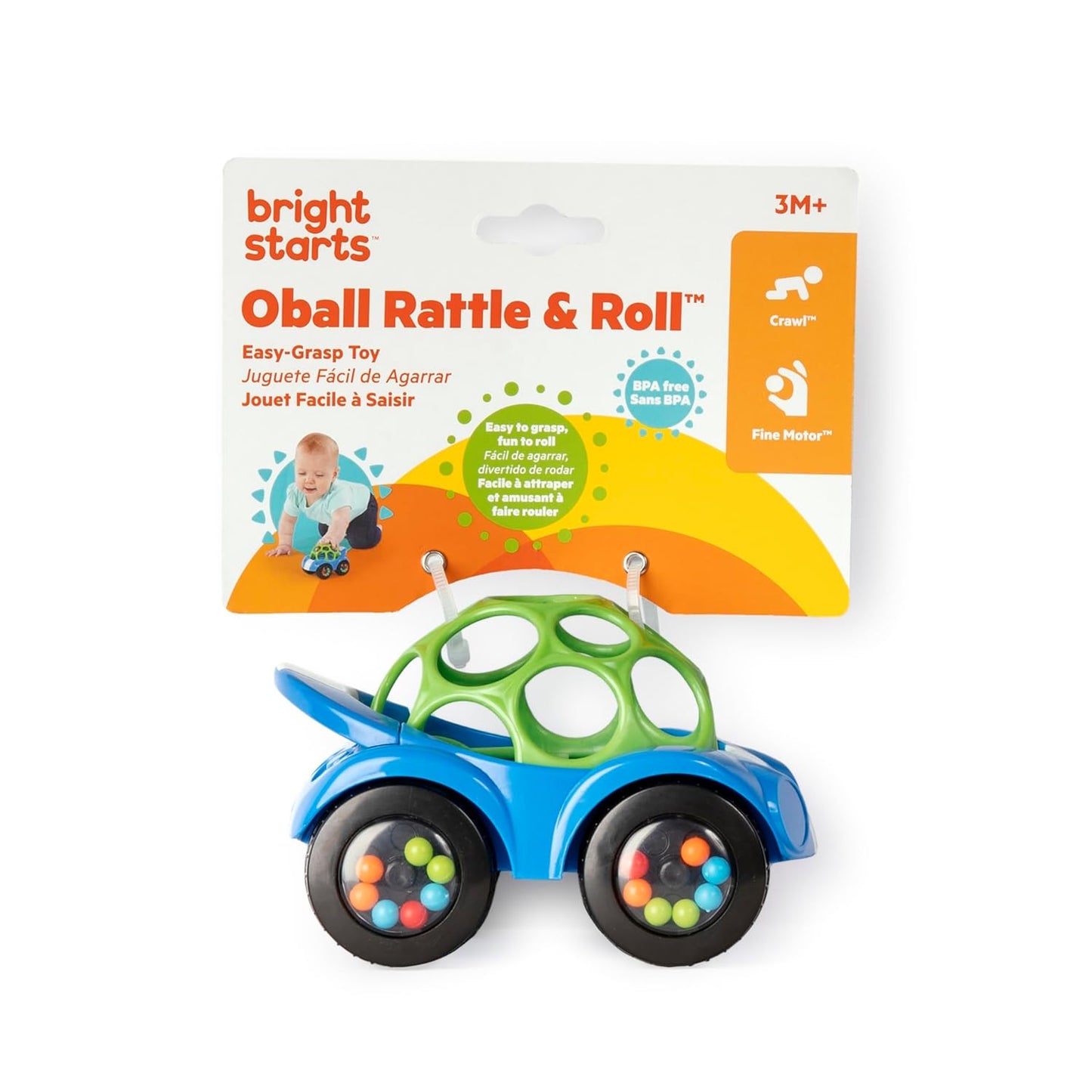 Bright Starts Oball Easy Grasp Rattle & Roll Toy Sports Car BPA-Free Infant Crawling Toy, 1 Pack, Age 3 Months and up, Blue/Green