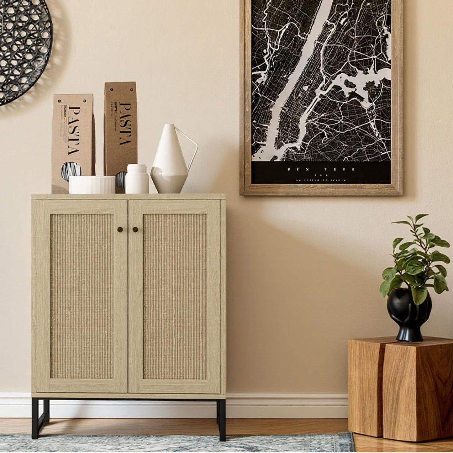 Panana Rattan Decorated 2 Doors Storage Cabinet Accent Cabinet Living Room Cupboard Kitchen Sideboard Buffet Table (Natural)