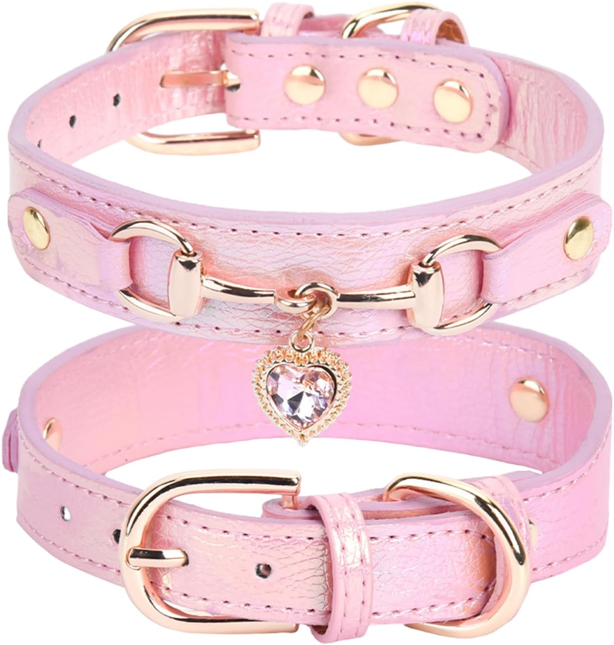 Bling Heart Charm Dog Collar: Pink Adjustable Leather Rhinestones Necklace Collar Pet Accessories for Sizes S Small Medium Dogs,10.6"-13"