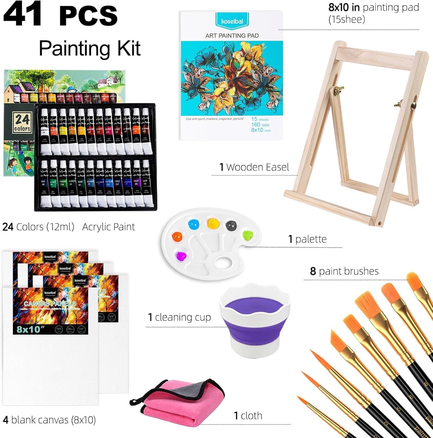 Acrylic Art Set, 41 PCS Painting Kit, Acrylic Paint Set for Kids, Painting Supplies with 24 Acrylic Paints, 1 Wooden Easel , 4 Canvas Panels, 8 Paint Brushes, Drawing Pad, Art Supplies for Kids Adults