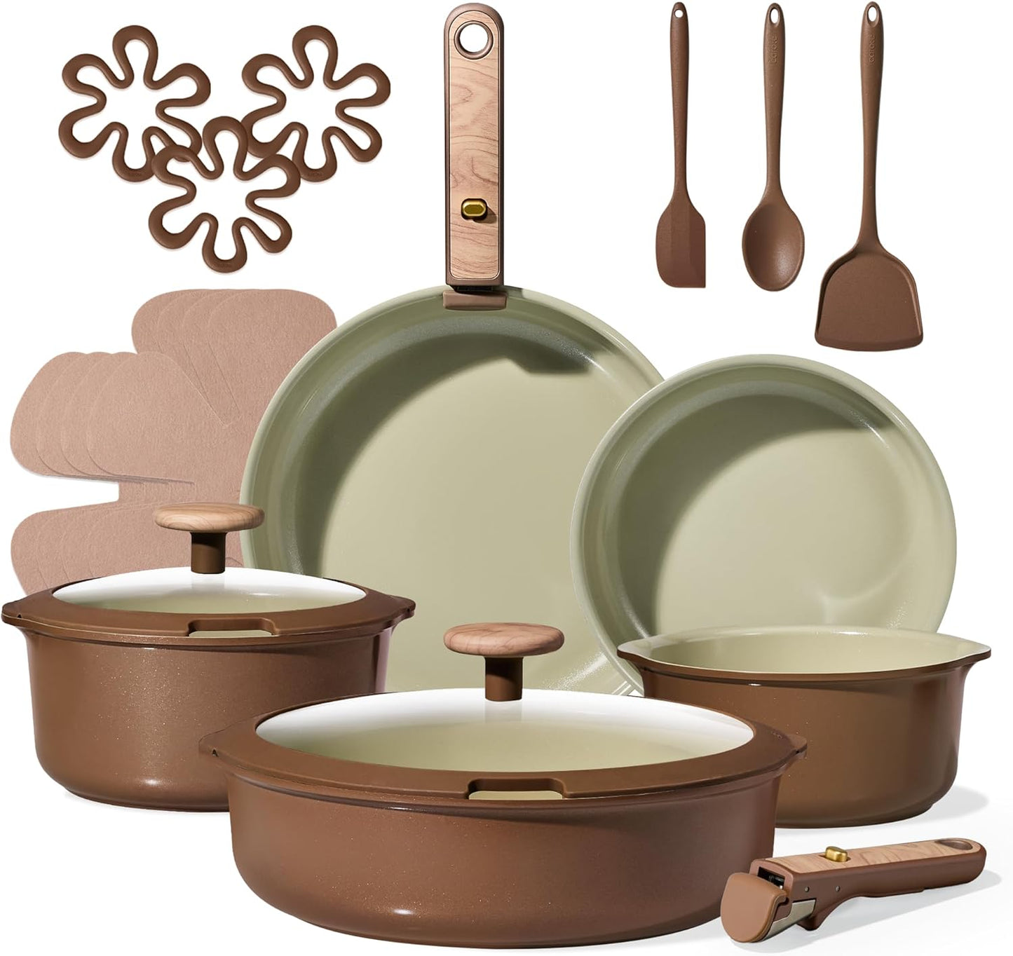 CAROTE 19PCS Ceramic Nonstick Cookware Set, Pots and Pans Set with Detachable Handle, PFAS-Free Non-Toxic, Induction & Oven Safe, Stackable Space-Saving, Pistachio Green