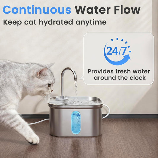 Cat Water Fountain Stainless Steel, 108oz/3.2L Quiet Automatic Cat Fountain for Drinking, Safe Auto Shut-Off, Large Square Pet Water Dispenser for Dogs Indoor with 1 Replacement Filter