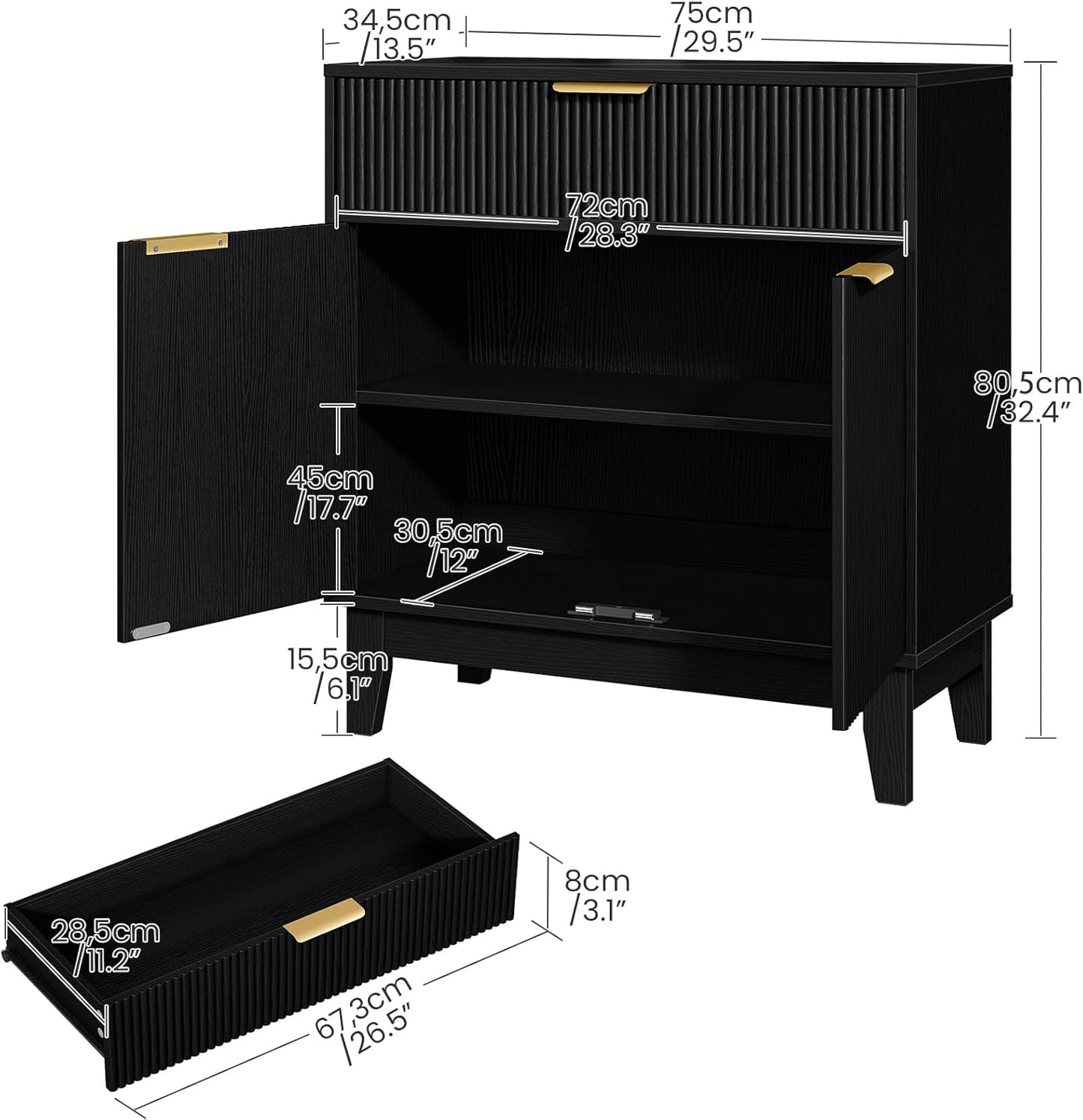 Fluted Buffets Sideboard, Buffet Sideboard with 1 Drawer & 1 Door, Kitchen Storage Cabinet with Adjustable Shelf and Slanted Legs, Buffet Cabinet for Kitchen, Living Room, Black MCB02BB
