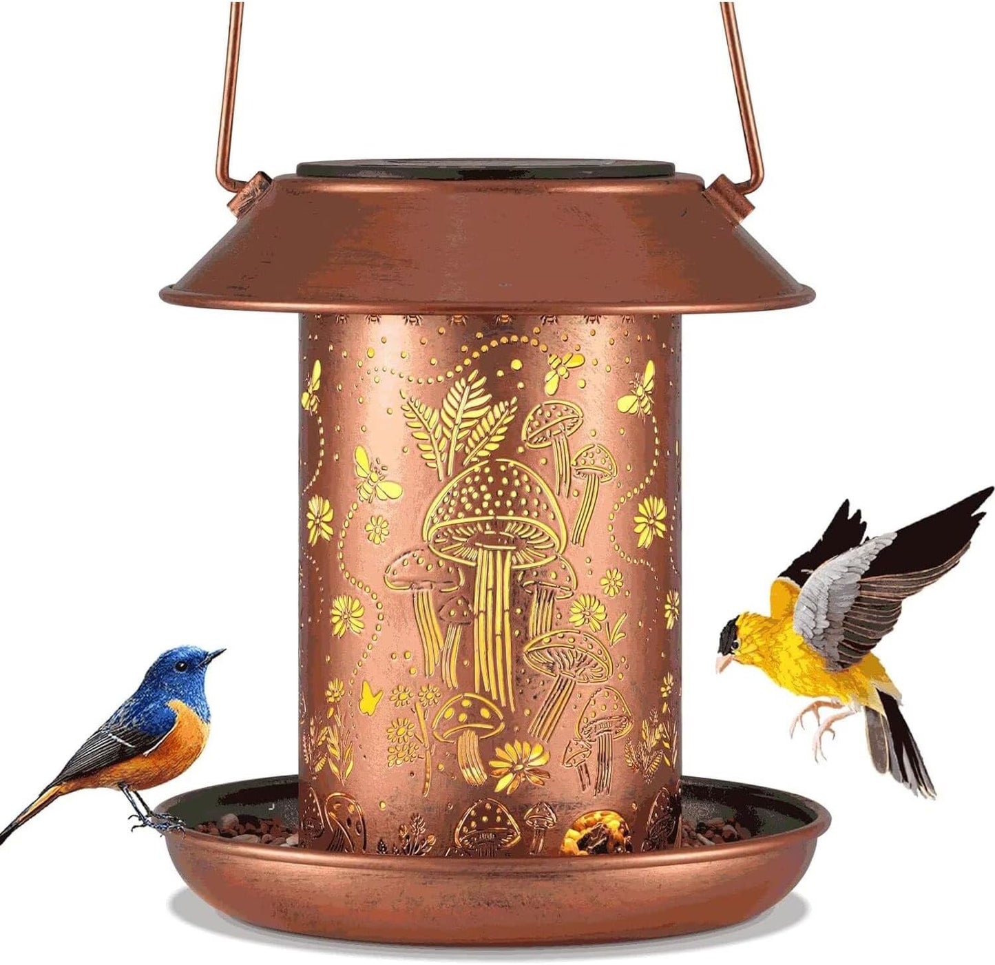 Solar Bird Feeder,Metal Wild Bird Feeders for Outdoor Hanging, Waterproof Outside Large birdfeeders for Cardinals,Mushroom Shaped Solar Garden Decor Lantern as Gift for Bird Lovers