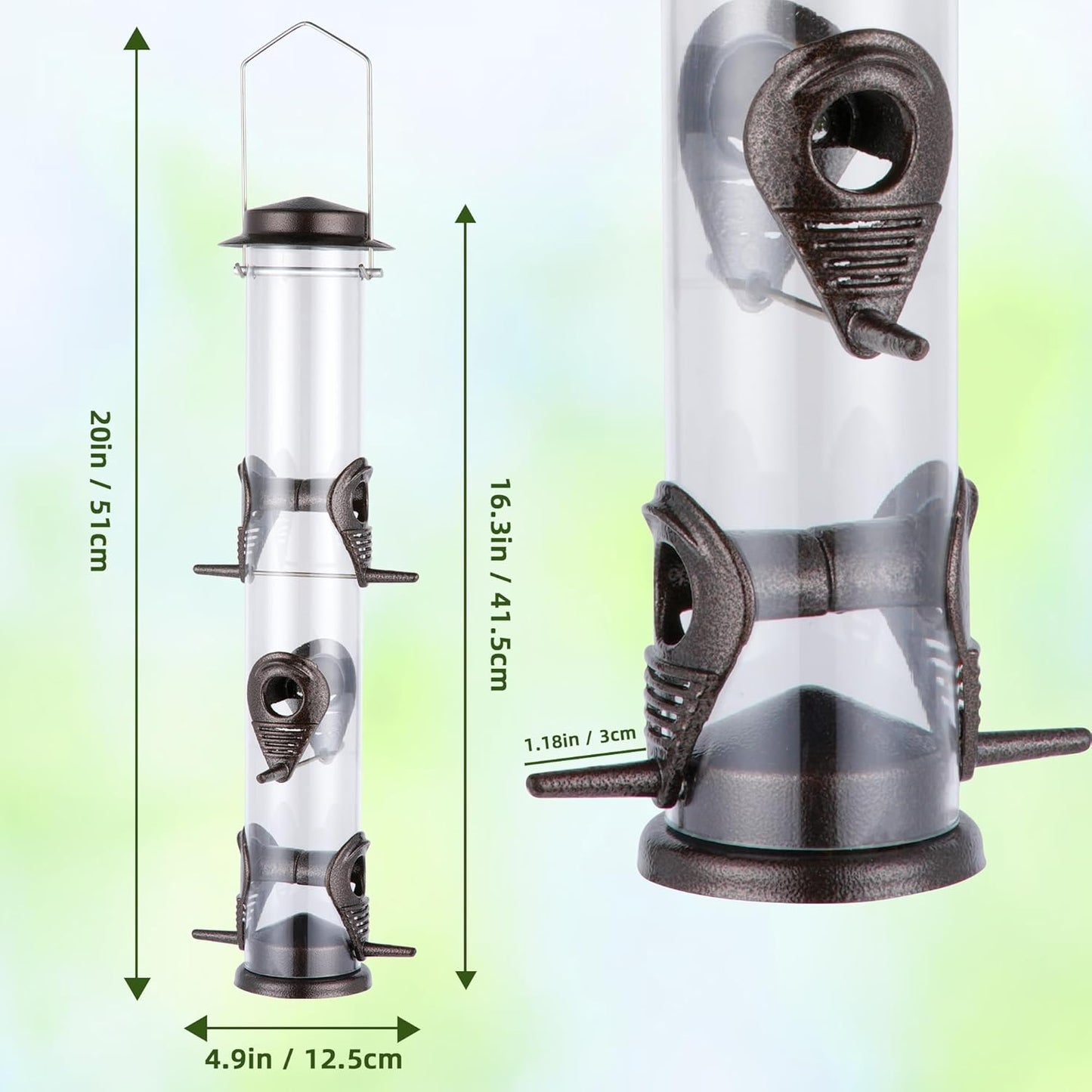 MIXXIDEA 2PK Metal Bird Feeders with 6 Feeding Ports,Tube Bird Feeder with Steel Hanger,Hard Plastic Wild Bird Feeder for Outdoors Hanging, Attracting Birds in Your Lawn, Garden, Balcony (Coffee)