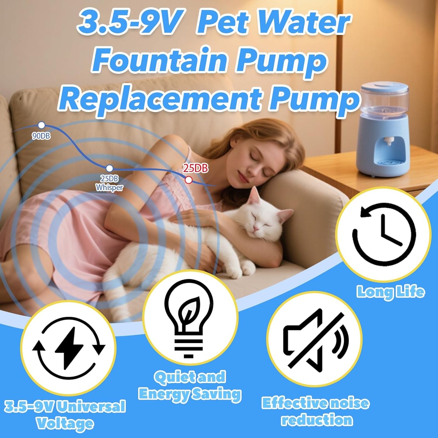 Water Fountain Pump Replacement - 3.5-9V White Mini Submersible Pump,USB-5800 for Pet Fountains, Fish Tanks, Crafts & Plants - Quiet, Durable & Universal Fit