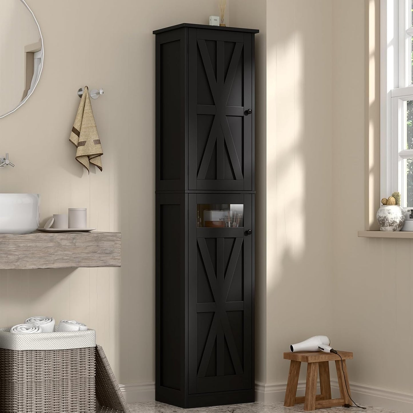Vabches Tall Bathroom Cabinet, Slim Bathroom Storage Cabinet with Adjustable Shelves and 2 Doors, Narrow Floor Storage Cabinet for Bathrooms, Kitchen, Living Room, Black