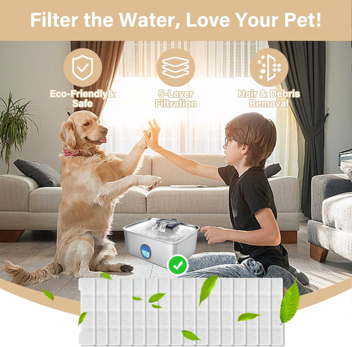 16+16 Pack Replacement Filters Compatible with SIBAYS/Kastty 4Gal/15L Stainless Steel Dog Water Fountain, Includes 16 Filters & 16 Sponges