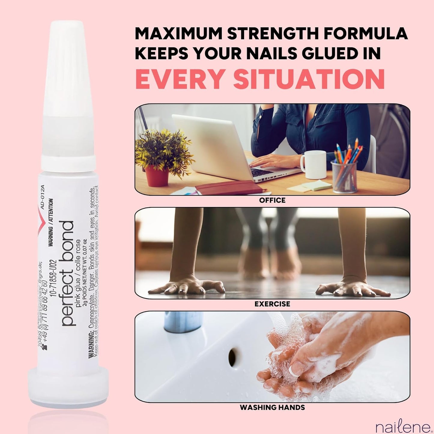 Nailene Perfect Bond Nail Glue, Super Strong, Durable, Easy to Apply Acrylic Nails, Press On Nails, Repairs Natural Nails, Quick Drying Nail Adhesive, Lasts 7 Days, Pink Tint, 2 g/0.07 oz, 2 Pack