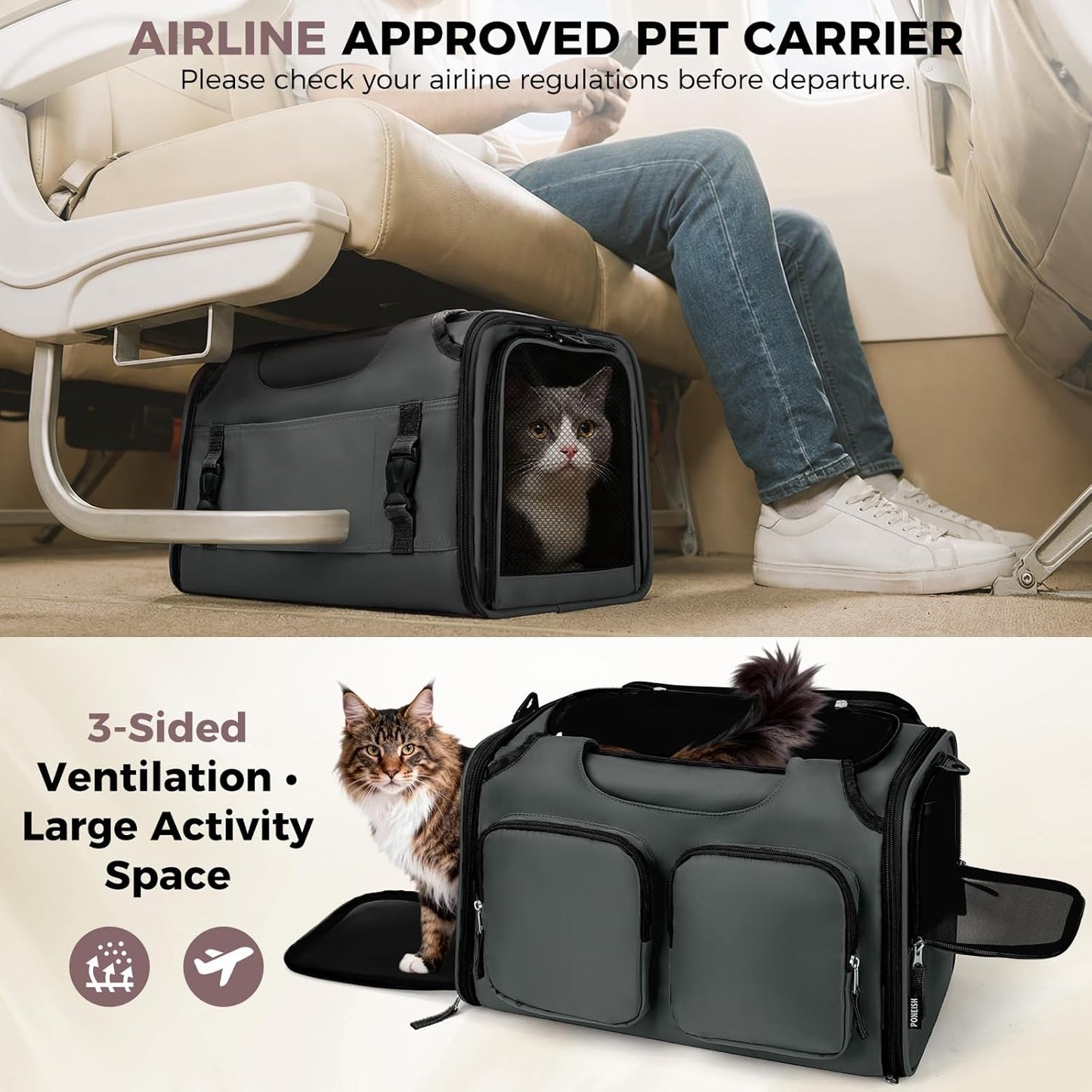 Dog, Cat Carrier for Pets Up to 12 Lbs, Airline Approved Collapsible Soft-Sided Pet Travel Bag with Locking Zippers, Breathable Mesh and 4 Large Pockets, Removable Fleece Pad (Dark Grey)