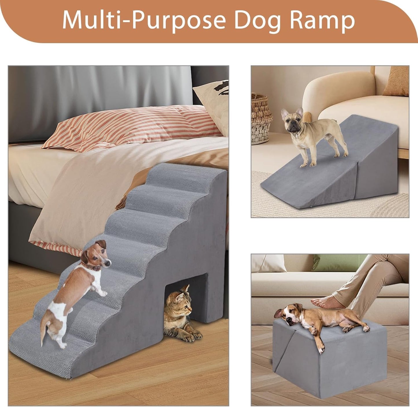 A.FATI 7-Tier Foam Dog Stairs, 33 Inch 2-in-1 Non-Slip Pet Ramp for High Beds & Sofas, Joint Protection Pet Steps for Senior/Short-Legged Dogs & Cats, High-Density Foam, Supports Up to 60 LBS